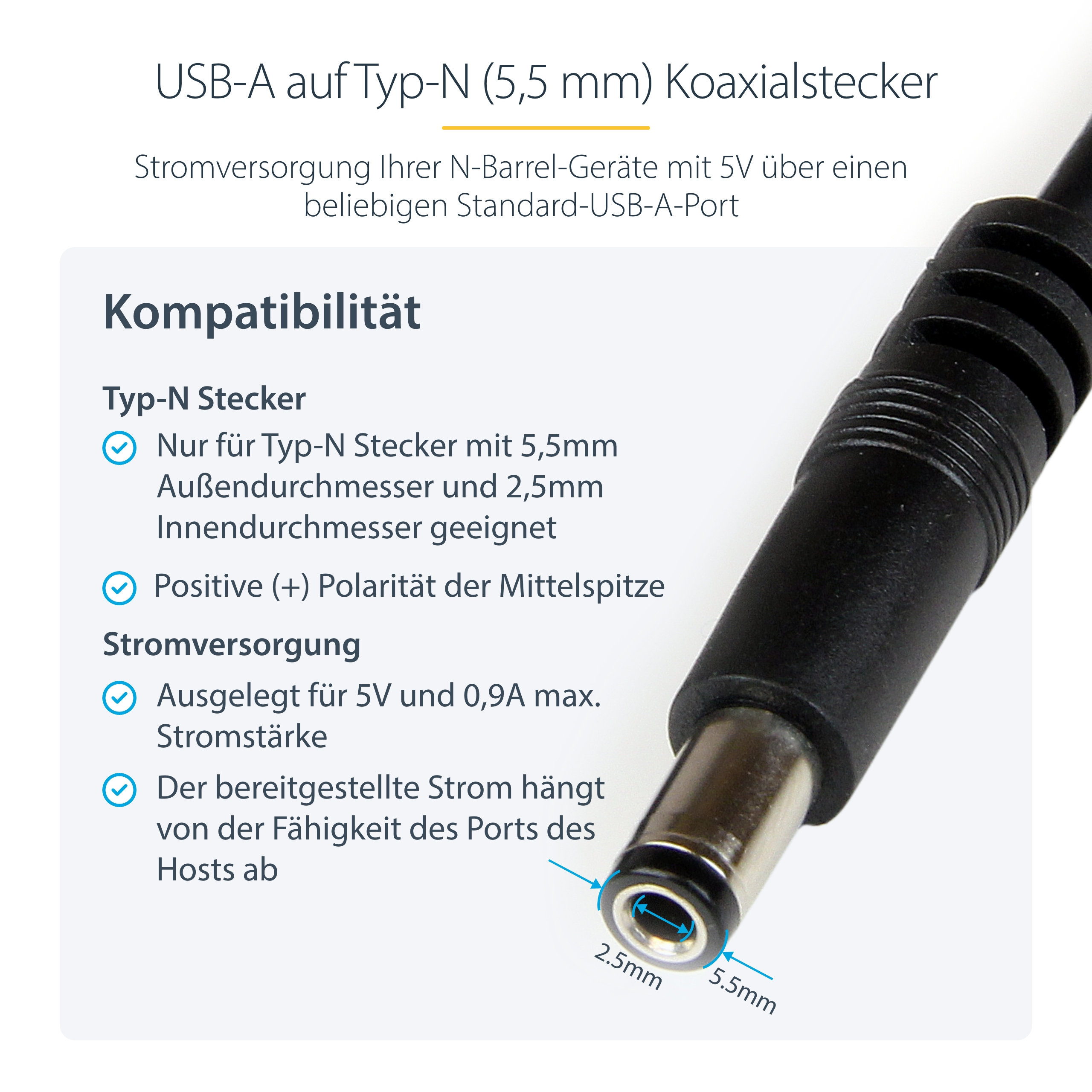 USB 2.0 auf Hohlstecker Typ N Kabel - USB A DC 5V 5,5mm Stecker 1m
