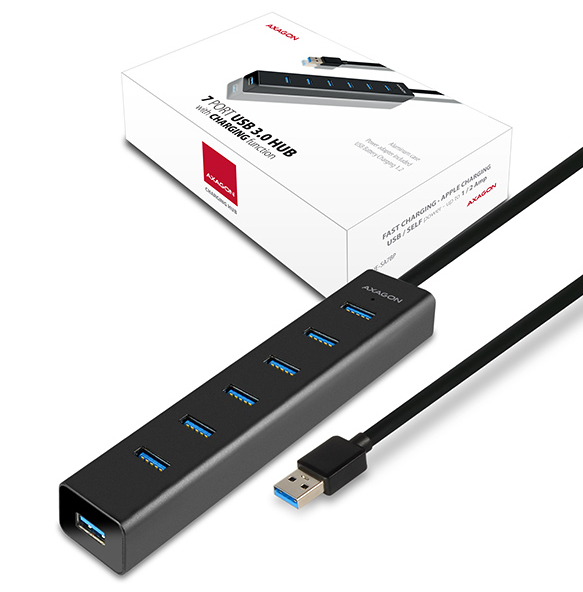 Axagon HUE-SA7BP 7x USB 3.0 ALU CHARGING hub BLACK incl. AC adapter – image 2