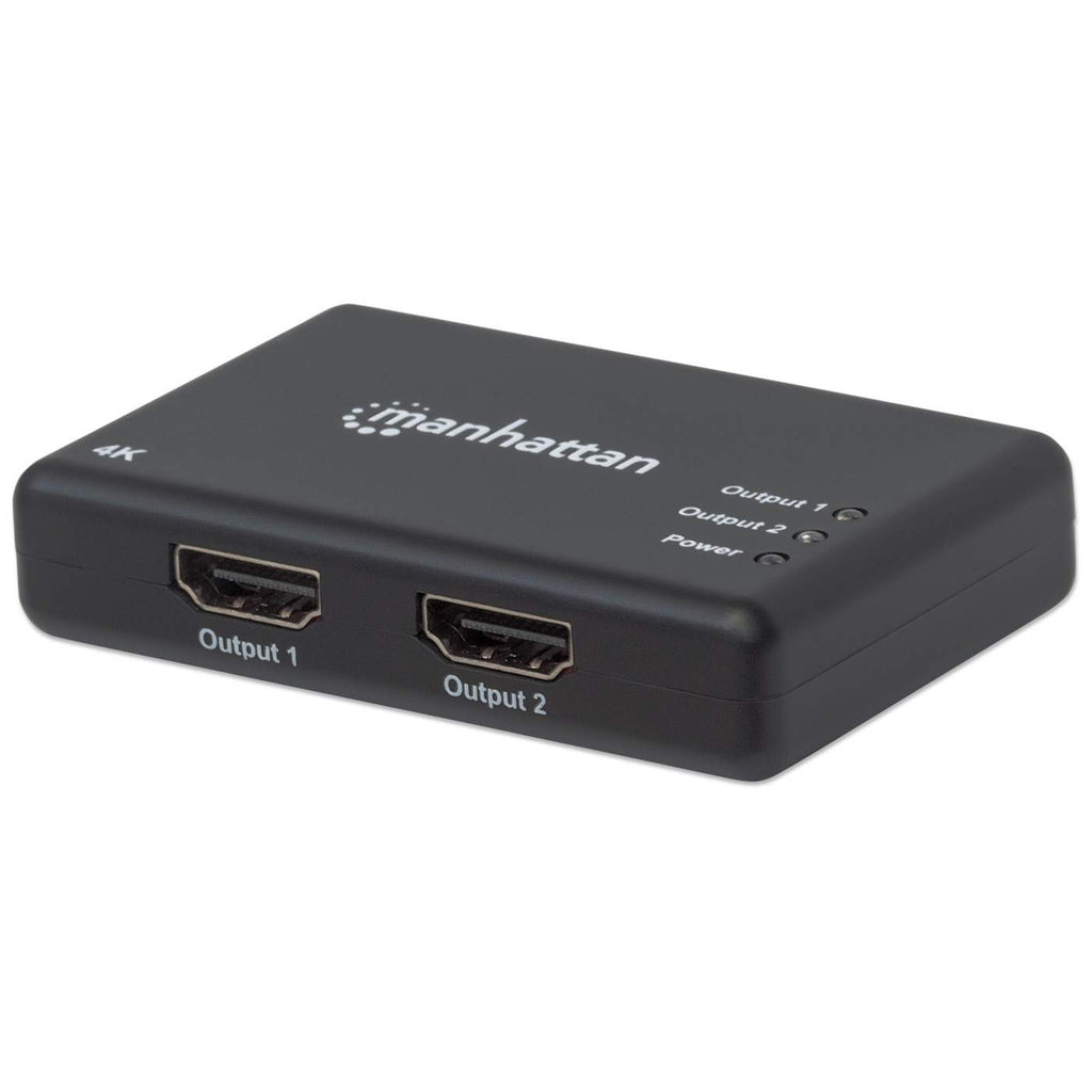 Manhattan HDMI Splitter 2-Port , 4K@30Hz, Displays output from x1 HDMI source to x2 HD displays (same output to both displays), AC Powered (cable 0.9m), Black,