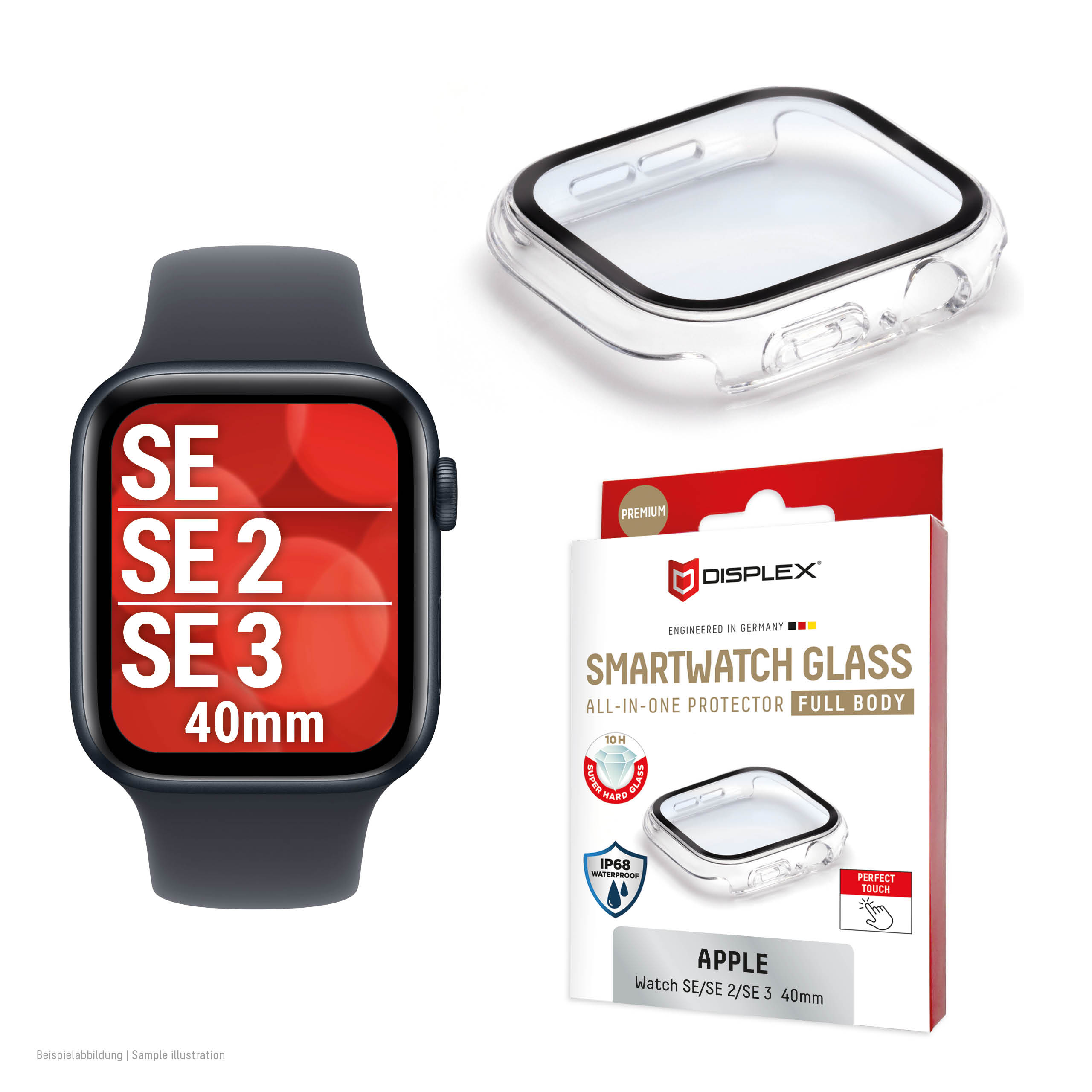 Displex 10H Tempered Glass for Apple Watch SE3/SE2/SE (40mm), Full Body Case, IP68, Snap-On, transparent