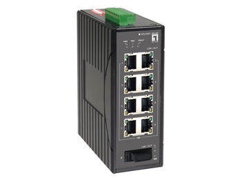 LevelOne 9-Port Industrial Fast Ethernet Switch, DIN-Rail, 1 Port SC Multi-Mode Fiber, -40°C to 75°C