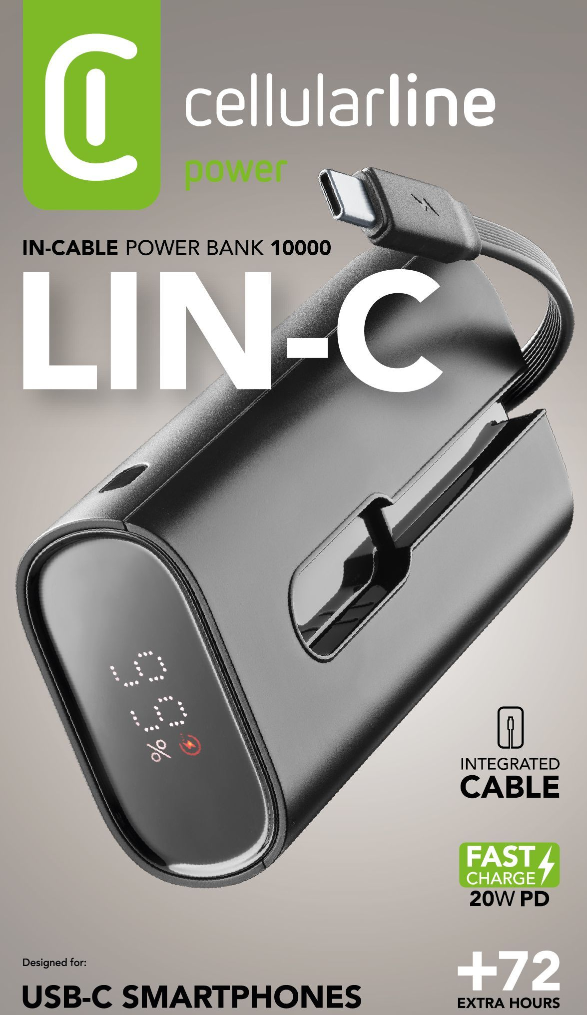 Powerbank - CellularLine Linc-C, 10000 mAh, 20 W, Hasta 72h de carga, USB C integrado, Negro