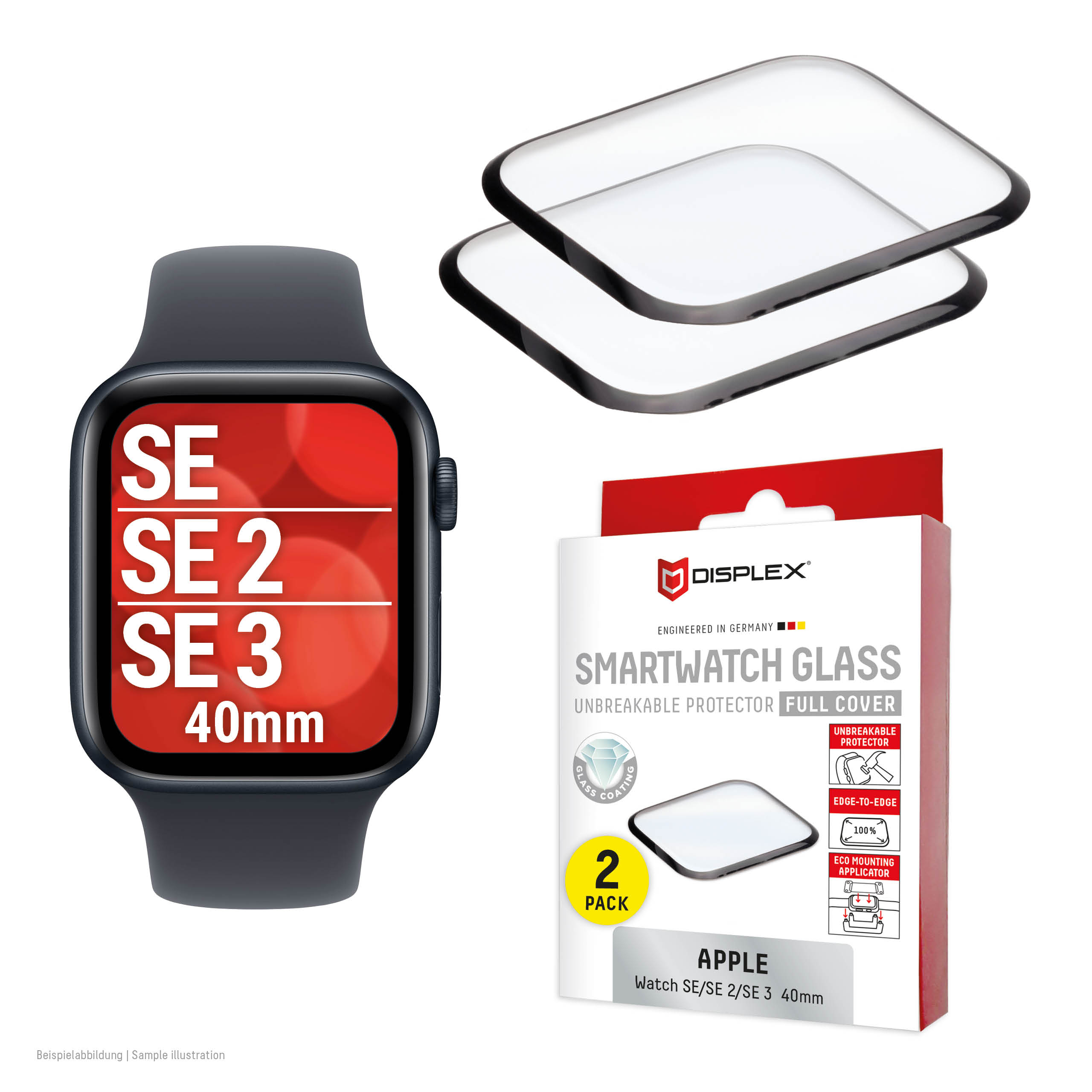 Displex Unbreakable Full Cover Smart Glass Apple Watch SE3/SE2/SE (40mm), 2-Pack, Ultra-Thin, Edge-to-Edge, Eco Mount