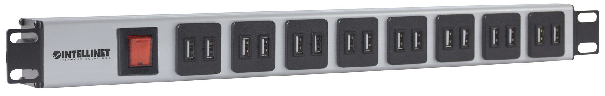 Intellinet 19" Rackmount 16-Port USB-A Power Distribution Unit (CEE 7/7), With Overload Protection Power Switch, 2.1 A Max. per Module, 2m Power Cord (Euro 2-pi – image 2