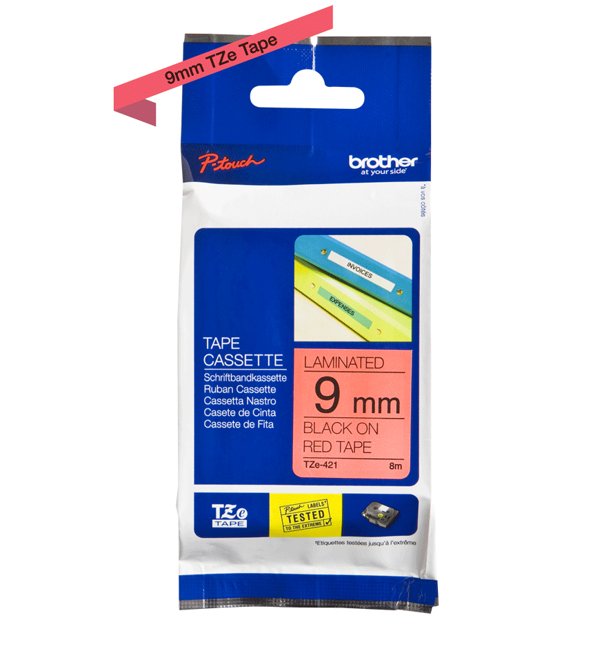 Cinta Brother Tze421 Texto Negro Sobre Fondo Rojo 9Mm X 8Mts. - TZE421