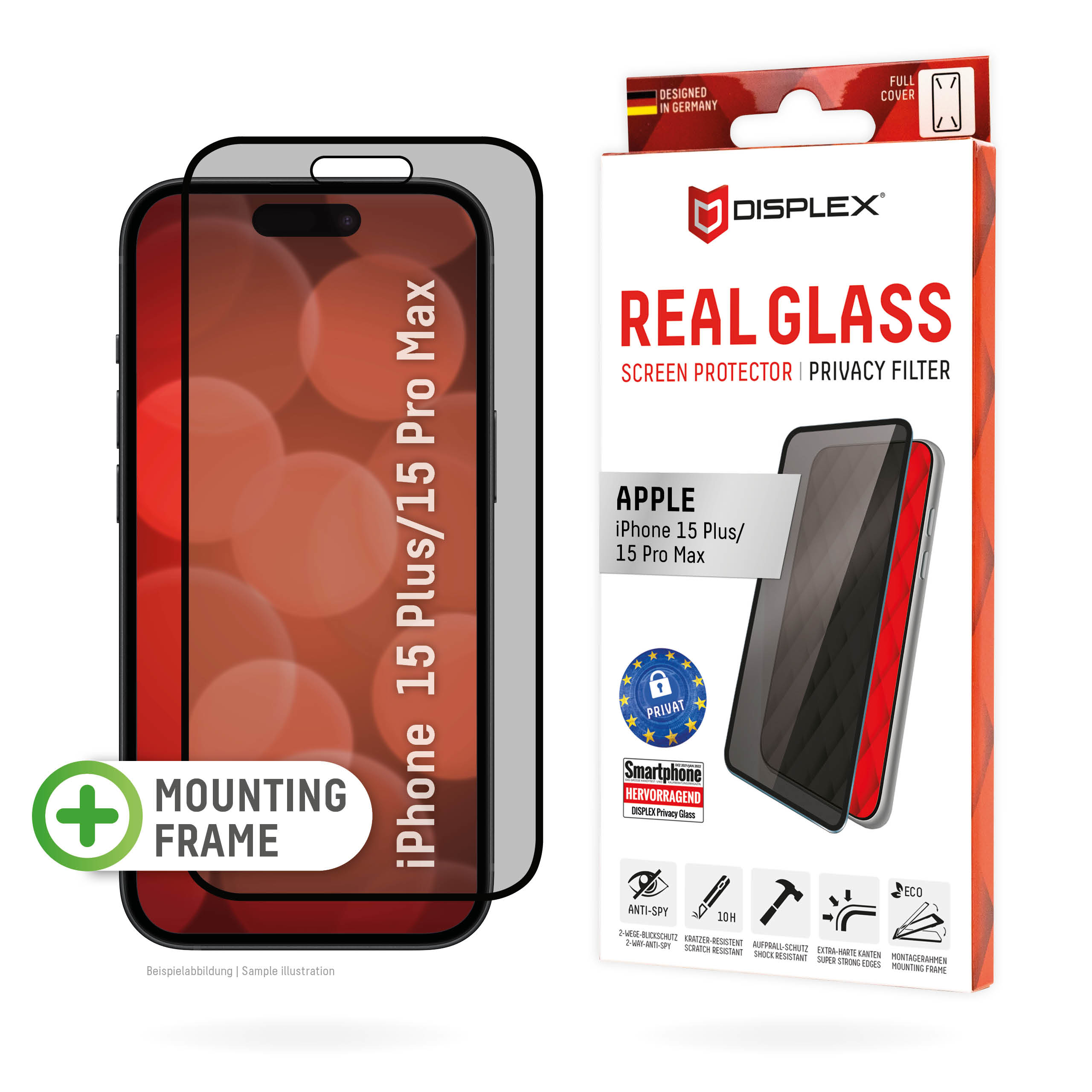 Displex Privacy Screen Protector (10H) for Apple iPhone 15 Plus/15 Pro Max, Eco Mounting Frame, Privacy Filter
