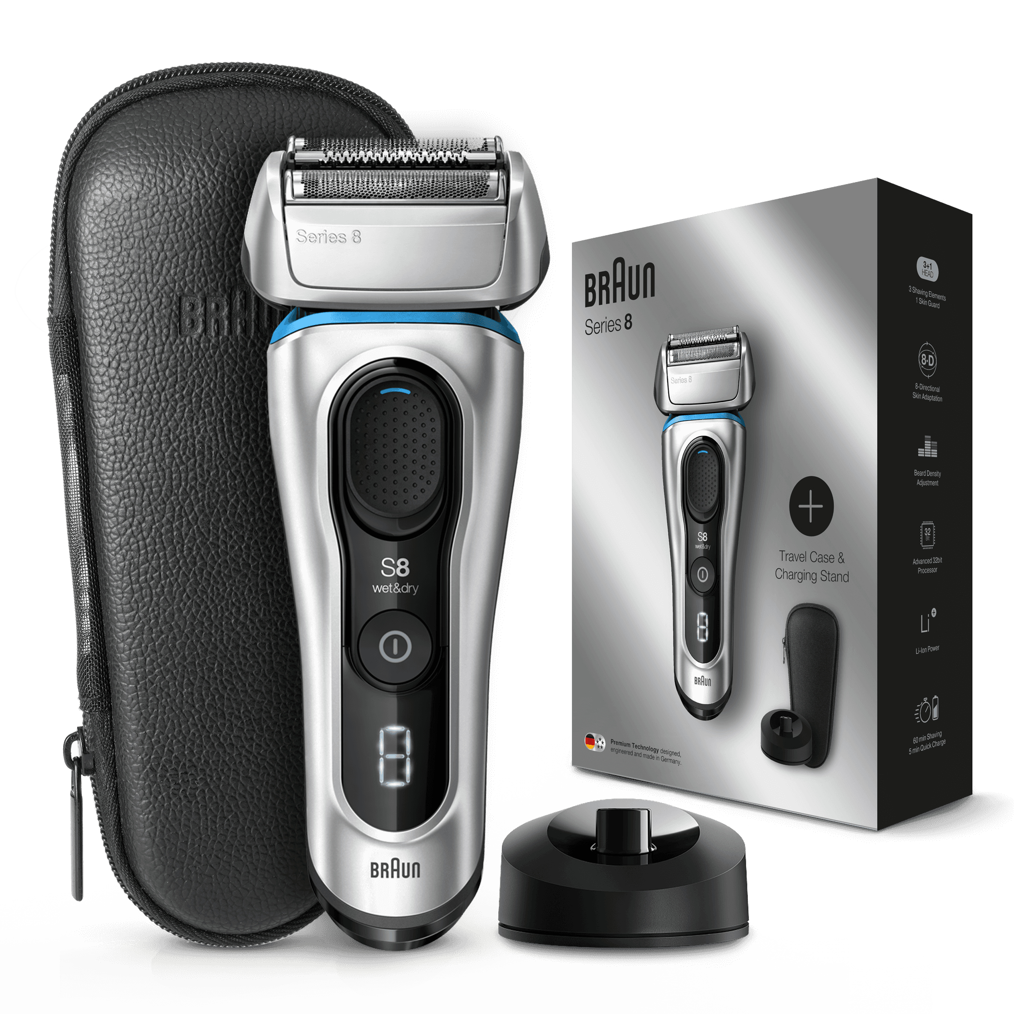 Braun Series 8 8359s Next Generation Electric Shaver, Charging Stand, Leather Case, Silver – image 1