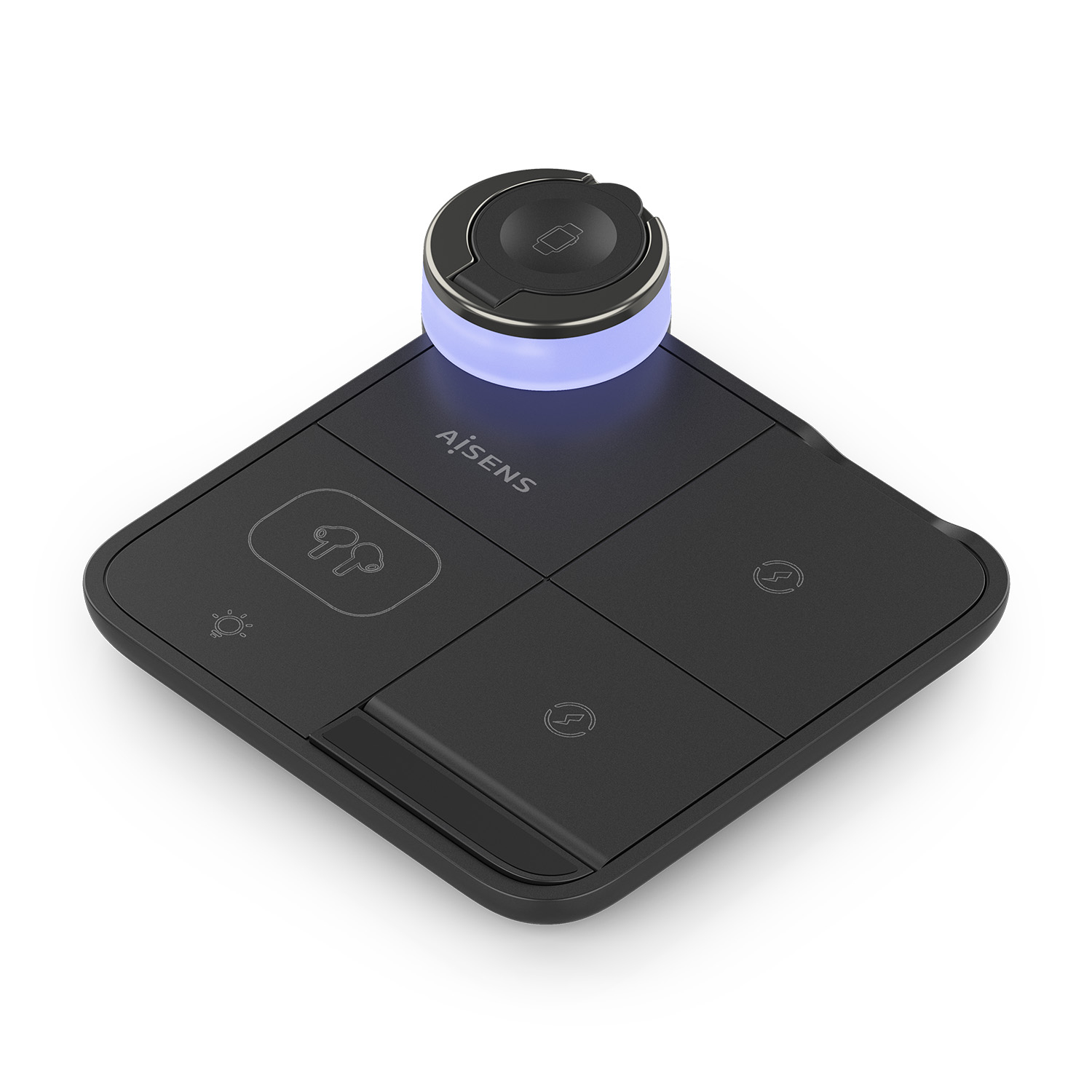 AISENS Cargador Inalambrico USB-C 4 en 1 De 15W Para Movil, Apple Watch, Auriculares Con Estuche De Carga, Negro
