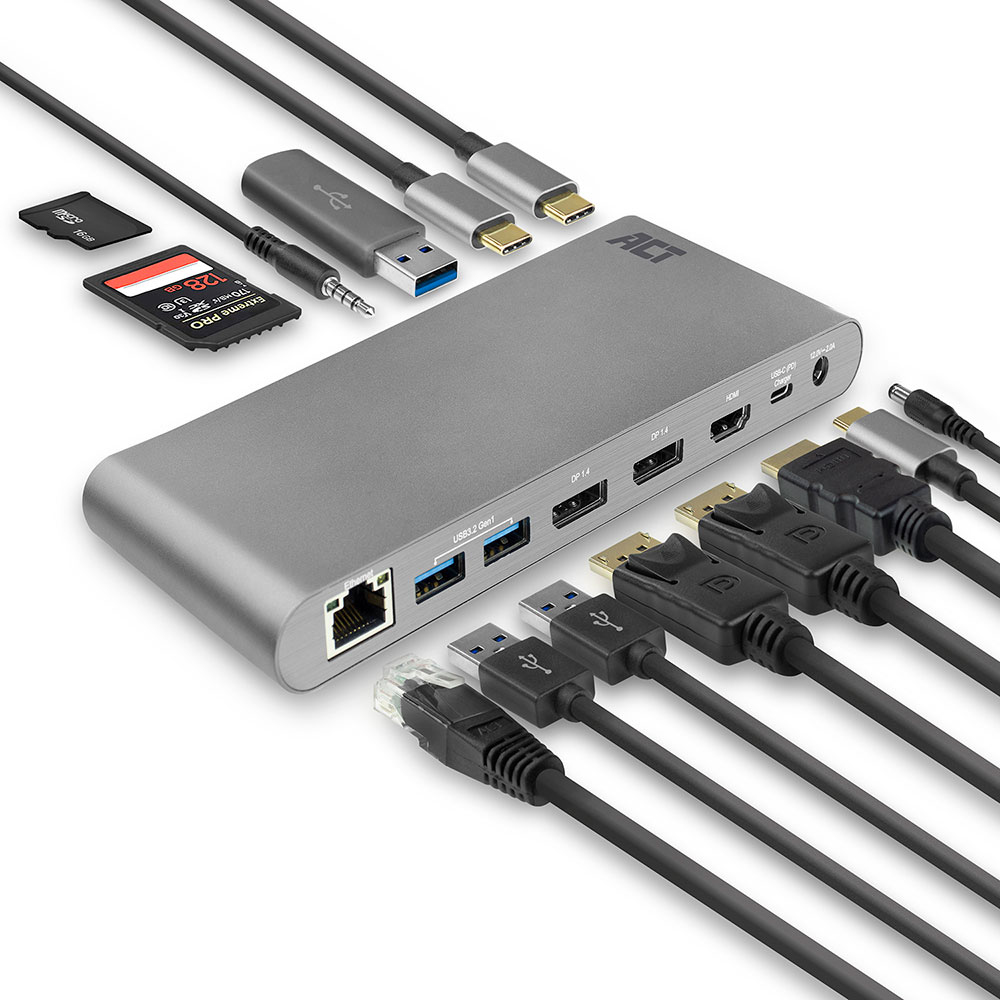 ACT AC7046 USB-C Docking Station 3 monitors HDMI, DisplayPort, with ethernet, USB hub, card reader and audio