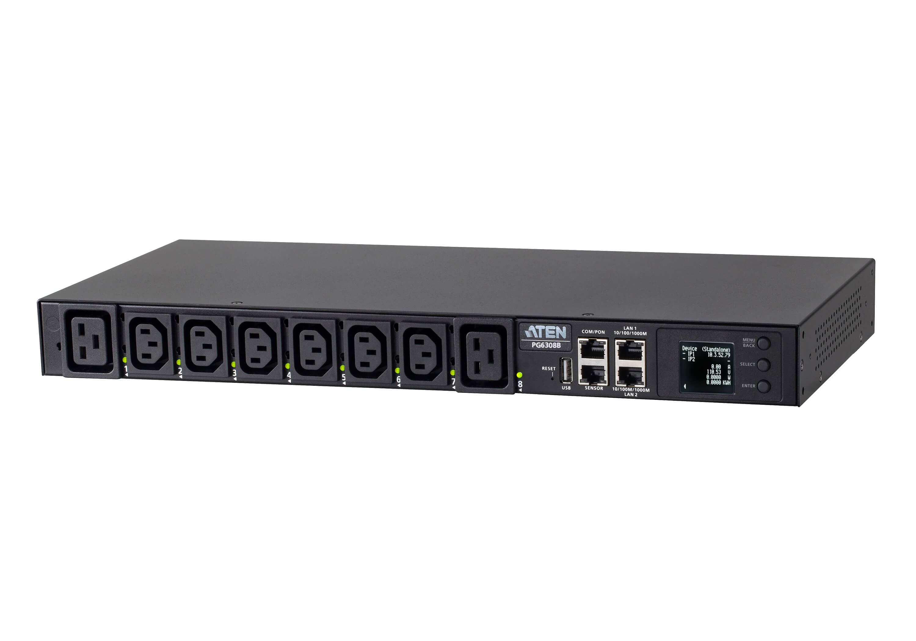 ATEN PG series PG6308G - Power distribution unit (rack-mountable) - 30A/32A, switched, eco - AC 100-240 V - 7680 VA - Ethernet 10/100/1000 - input: IEC 60309 32A - output connectors: 8 (6 x IEC 60320 C13, 2 x IEC 60320 C19) - 1U - 3 m cord