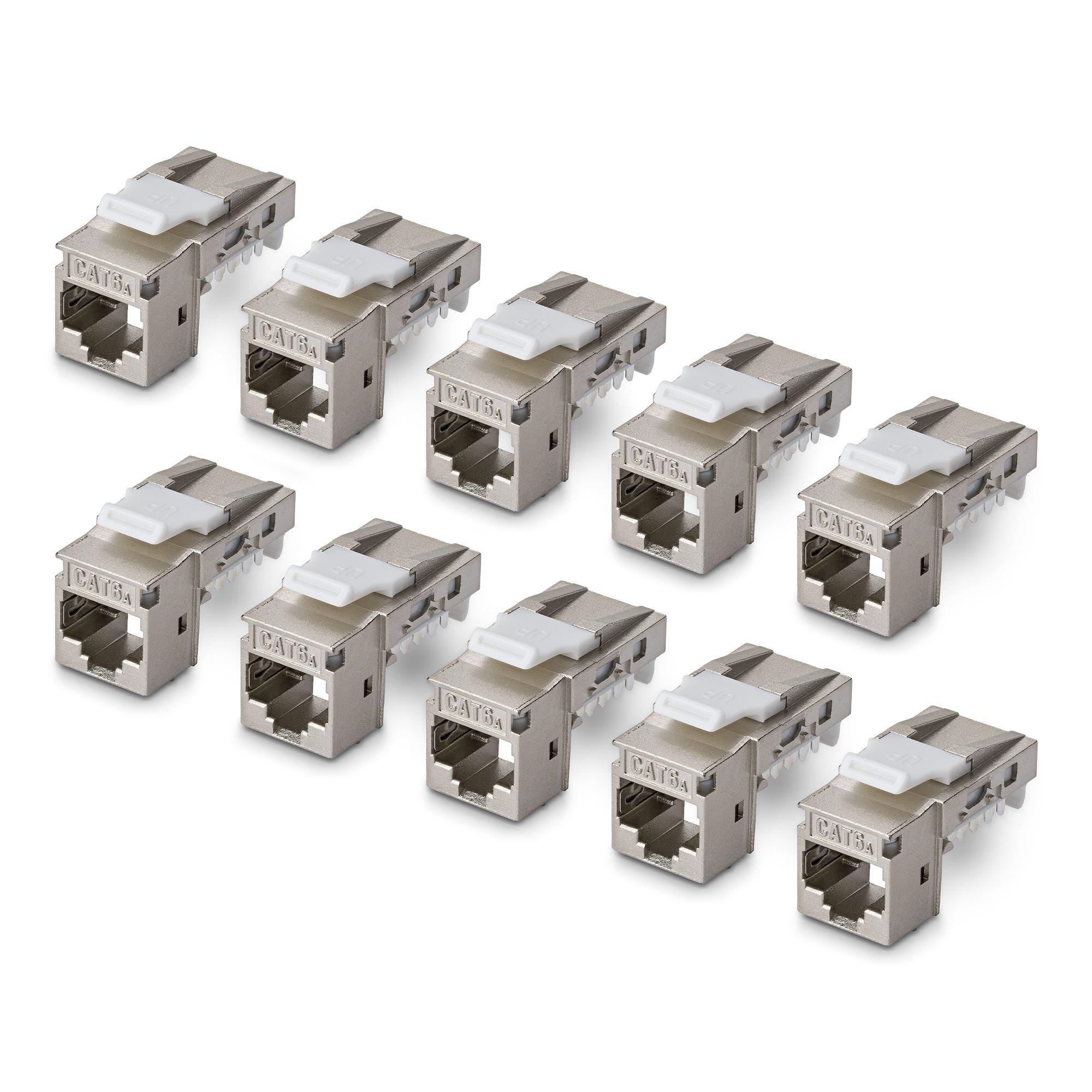 StarTech.com Jack Keystone Cat6a Blindé, Lot de 10 Prises Ethernet RJ45 Keystone, Prise Murale STP Cat6a, 90 Degrés Sans Outil