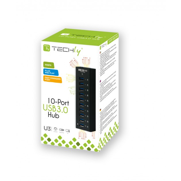 Techly 10 Ports USB 3.0 Hub with Refill Port 2.1A Aluminum IUSB3-TLYB10A – image 7