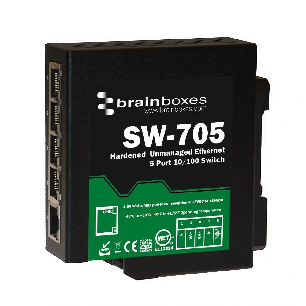 Brainboxes Hardened Industrial 5 Port 10/100 Ethernet Switch