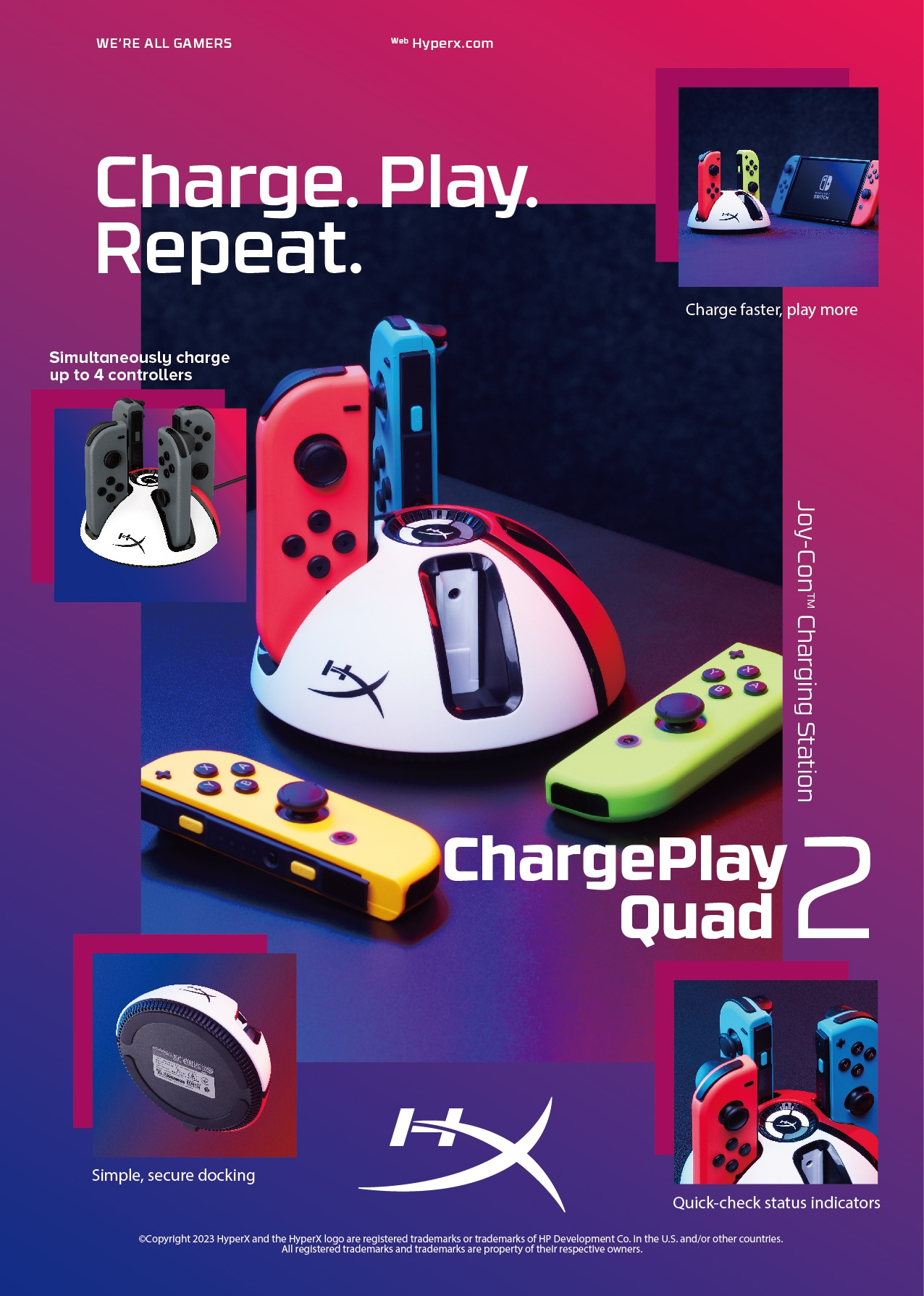 Resim HyperX ChargePlay Quad 2 USB Oyun Kumandası Şarj Cihazı - Kırmızı/Beyaz