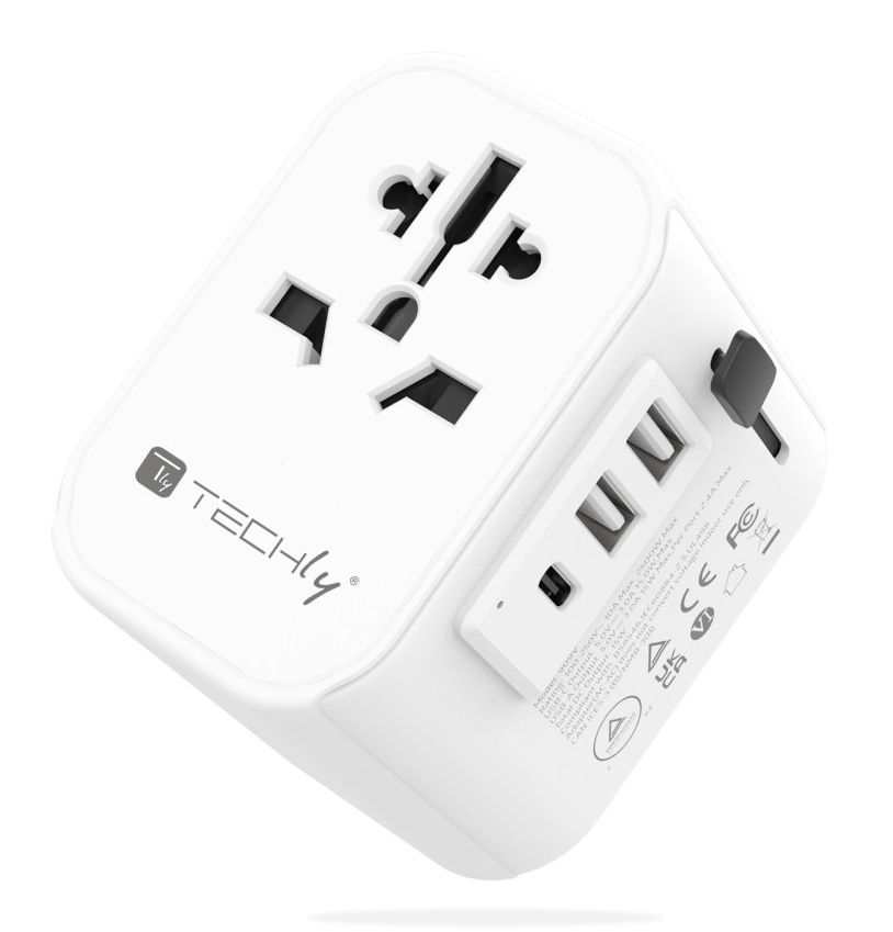 صورة محول سفر عالمي Techly I-TRAVEL-11TYWH بمنفذين USB - أبيض