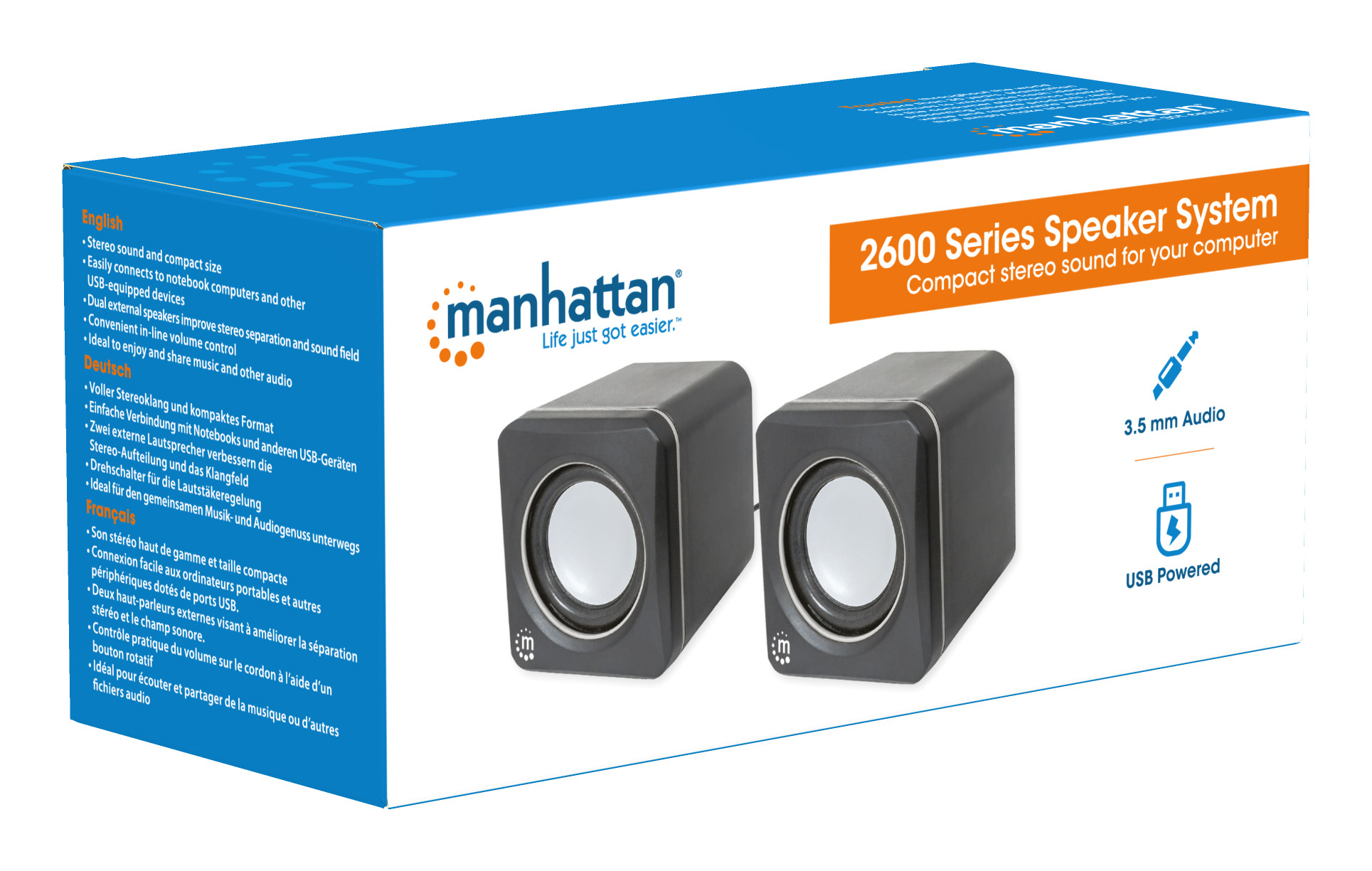 Manhattan 2600 Series Speaker System, Small Size, Big Sound, Two Speakers, Stereo, USB power, Output: 2x 3W, 3.5mm plug for sound, In-Line volume control, Cable 0.9m, Black/Grey, Three Year Warranty image 10