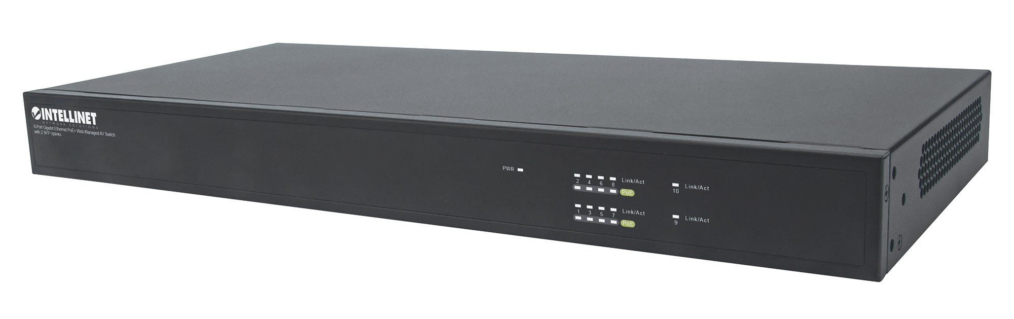 Intellinet 8-Port Gigabit Ethernet PoE+ Web-Managed AV Switch with 2 SFP Uplinks, Eight Rear-Facing PoE+ ports, IEEE 802.3at Power over Ethernet (PoE+), Layer2+ – image 1