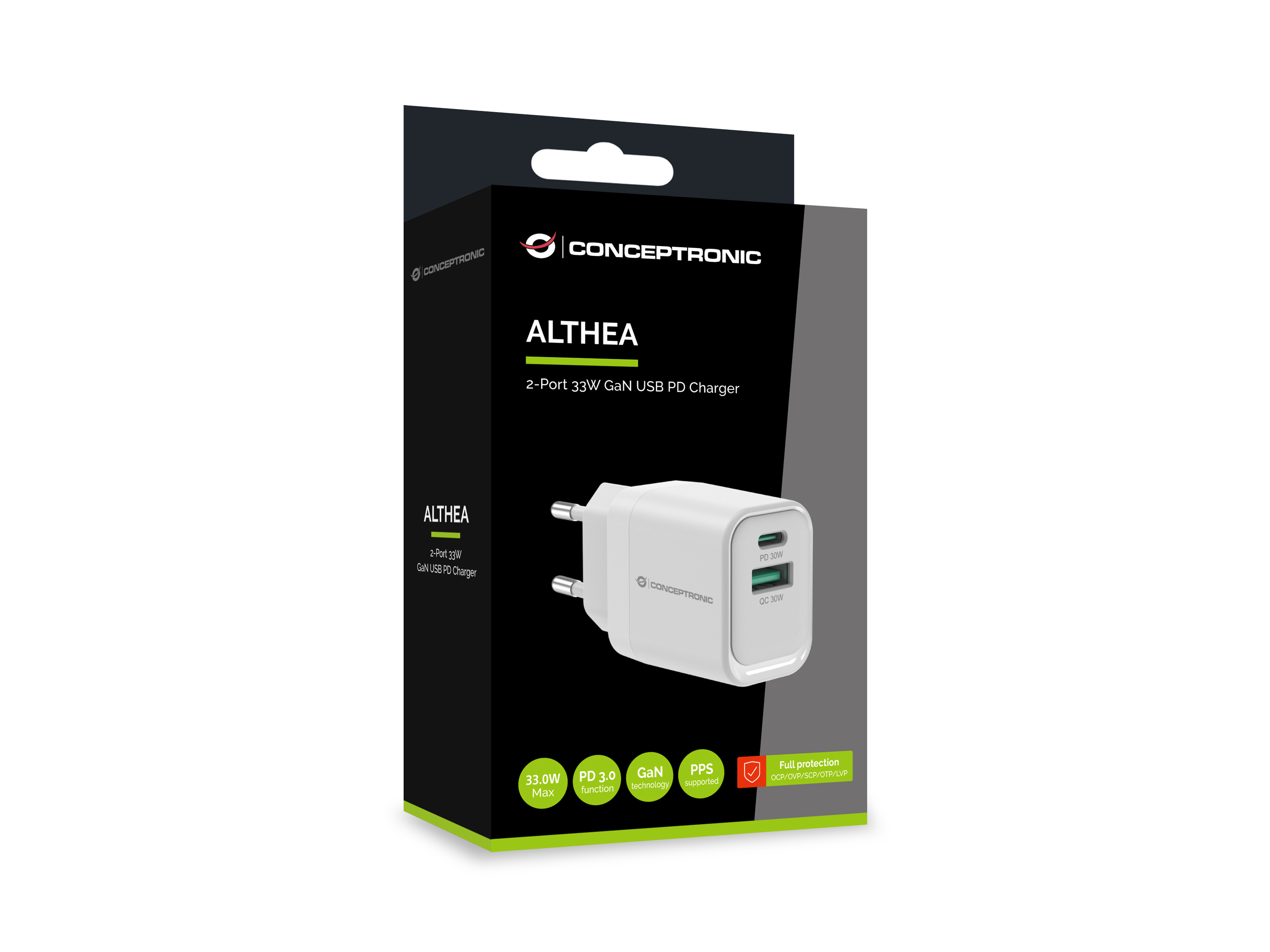 CONCEPTRONIC Ladegerät 2Port GaN USB-C/-A    33WPD3.0/PPS ws Ladegerät