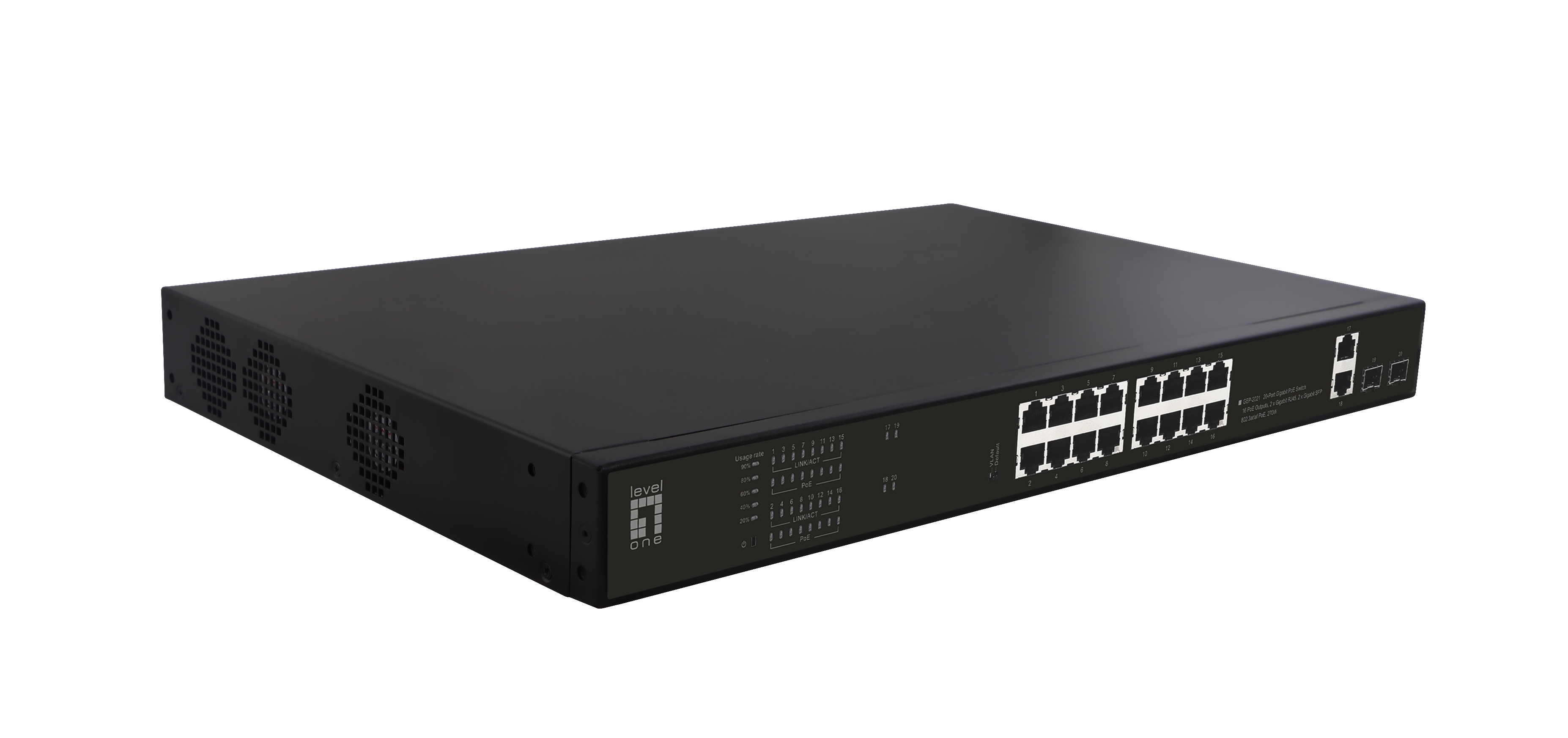 LevelOne PoE+Switch 16xGE PoE/2xGE/2xSFP 270W 19 unman.Met. Switche