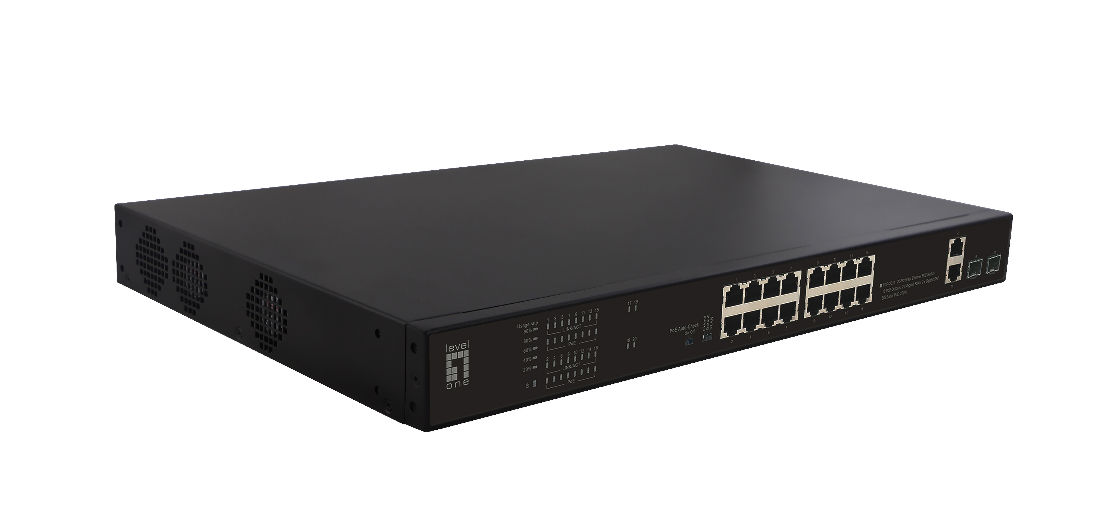 LevelOne PoE+Switch 16xFE PoE/2xGE/2xSFP 270W 19unman.Metal Switche