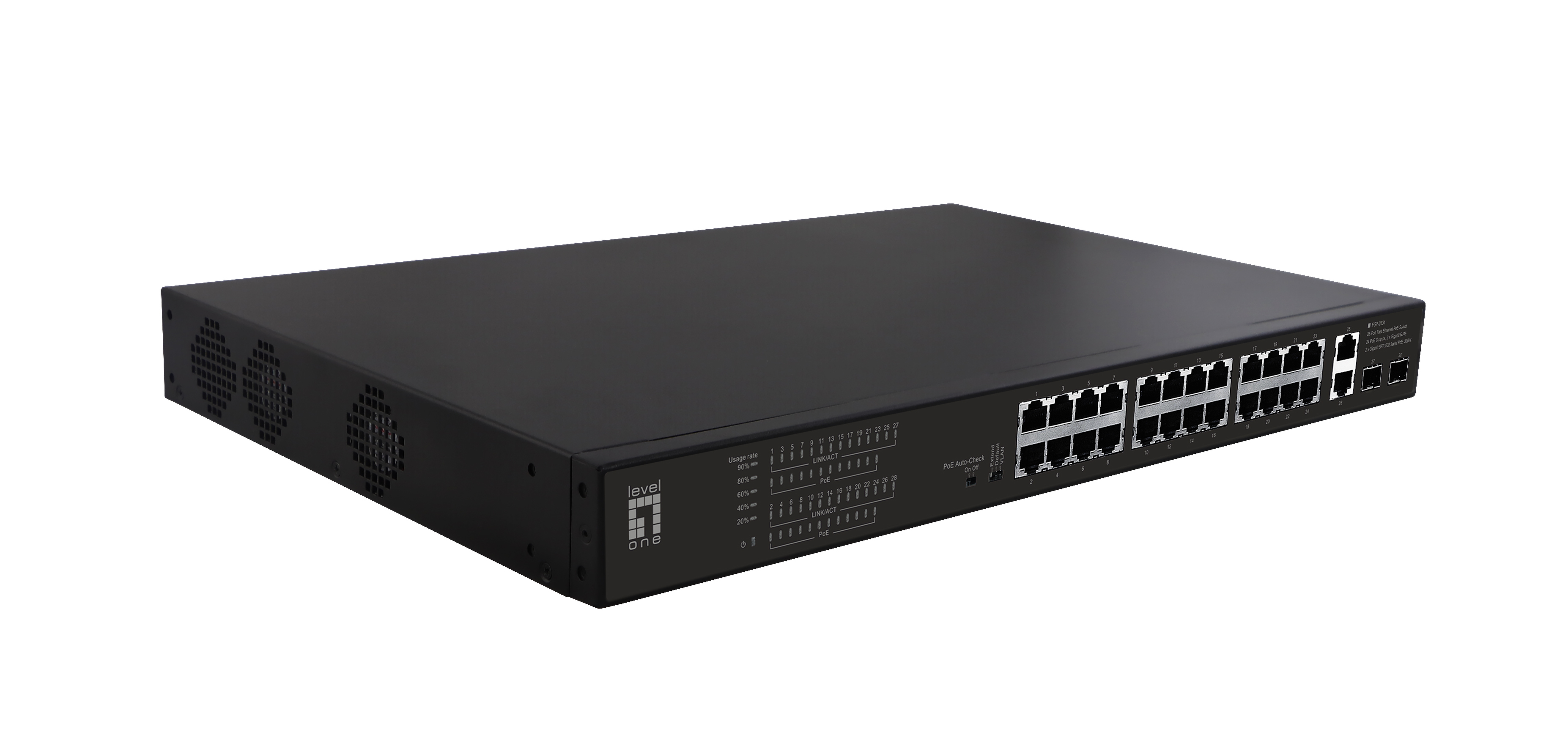 LevelOne PoE+Switch 24xFE PoE/2xGE/2xSFP 390W 19unman.Metal Switche