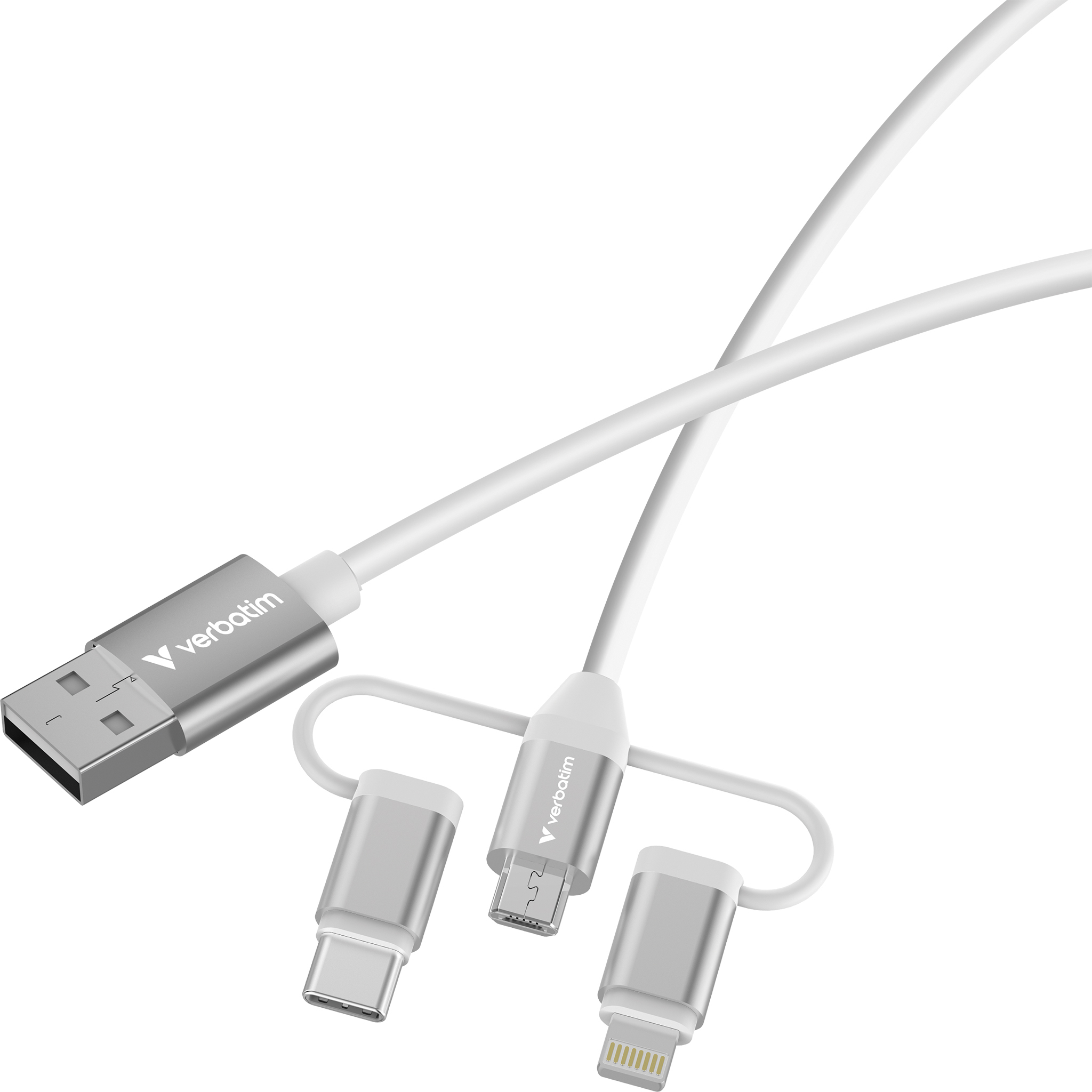 Verbatim Essentials 3-in-1 Sync & Charge Cable. Cable length: 1 m. Connector 1: USB A Connector 2: 2 x USB C/Micro USB-B/Lightning USB version: USB 2.0 Maximum data transfer rate: 0.48 Gbit/s Product colour: White