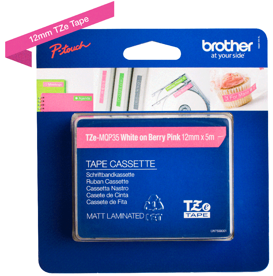 Cinta Brother TZEMQP35 - Texto Blanco sobre Fondo Rosa - 12mm x 5mts. - TZEMQP35 Cinta Brother TZEMQP35 - Texto Blanco sobre Fondo Rosa - 12mm x 5mts. - TZEMQP35