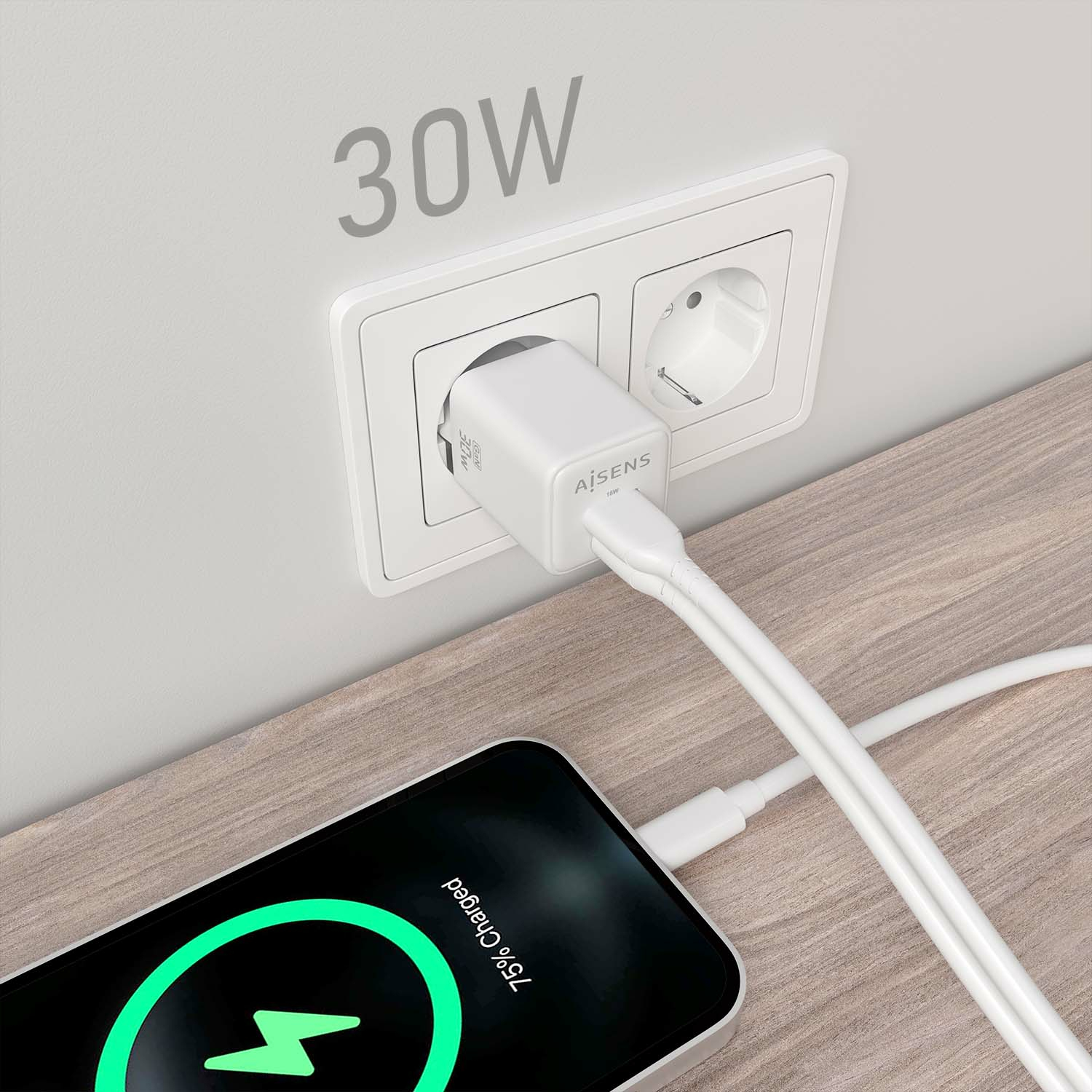 AISENS Gan 30W Charger, 1xUSB-C PD3.0 QC4.0, 1xUSB-A QC3.0, White – image 5