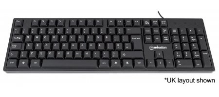 Manhattan Keyboard UK USB Wired, Standard Qwerty layout, Black, Full Size Keys, Cable 1.5m, USB-A connection, Plug and Play, Three Year Warranty, Retail Boxed – image 1