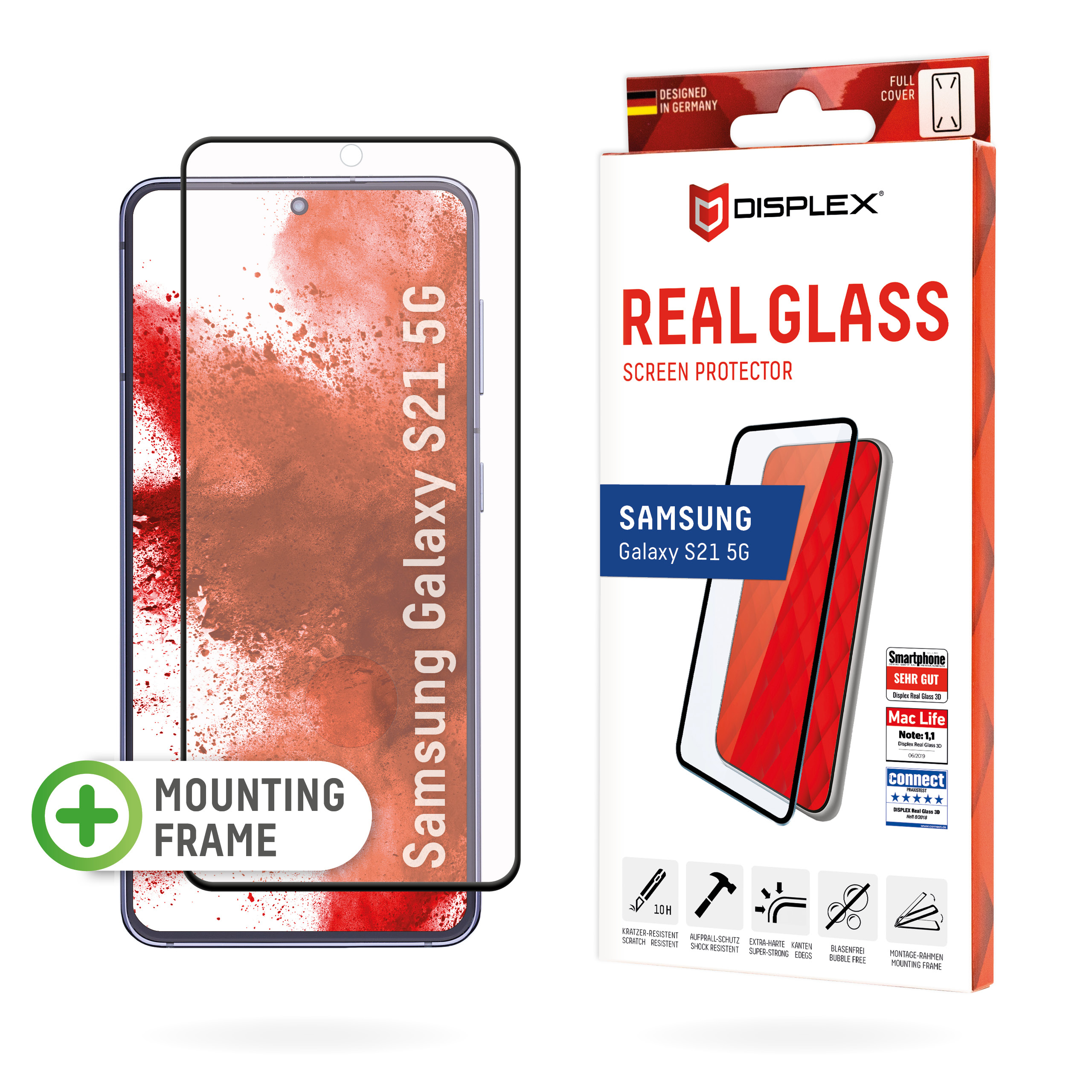 Displex Full Cover Screen Protector (10H) for Samsung Galaxy S21 5G, Eco Mounting Frame, full screen coverage, Tempered Glass, scratch resistant protective film, case friendly