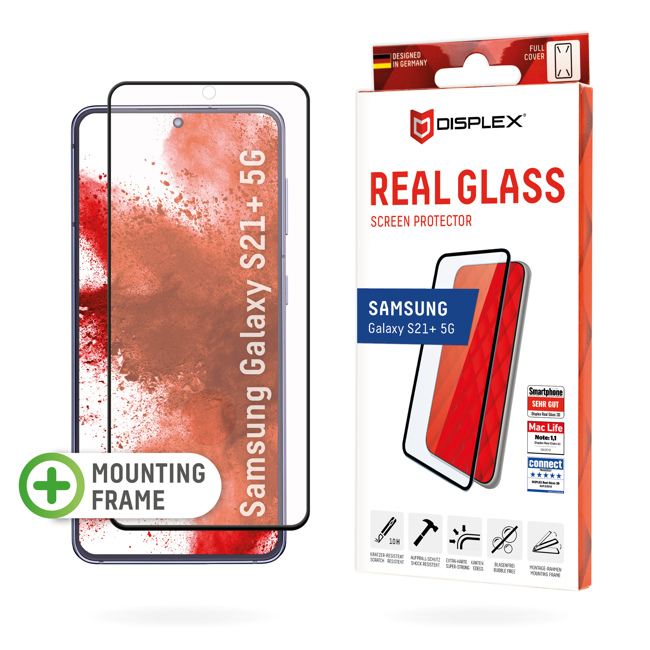 Displex Full Cover Screen Protector (10H) for Samsung Galaxy S21+ 5G, Mounting Frame, full screen coverage, Tempered Glass, scratch resistant protective film, case friendly