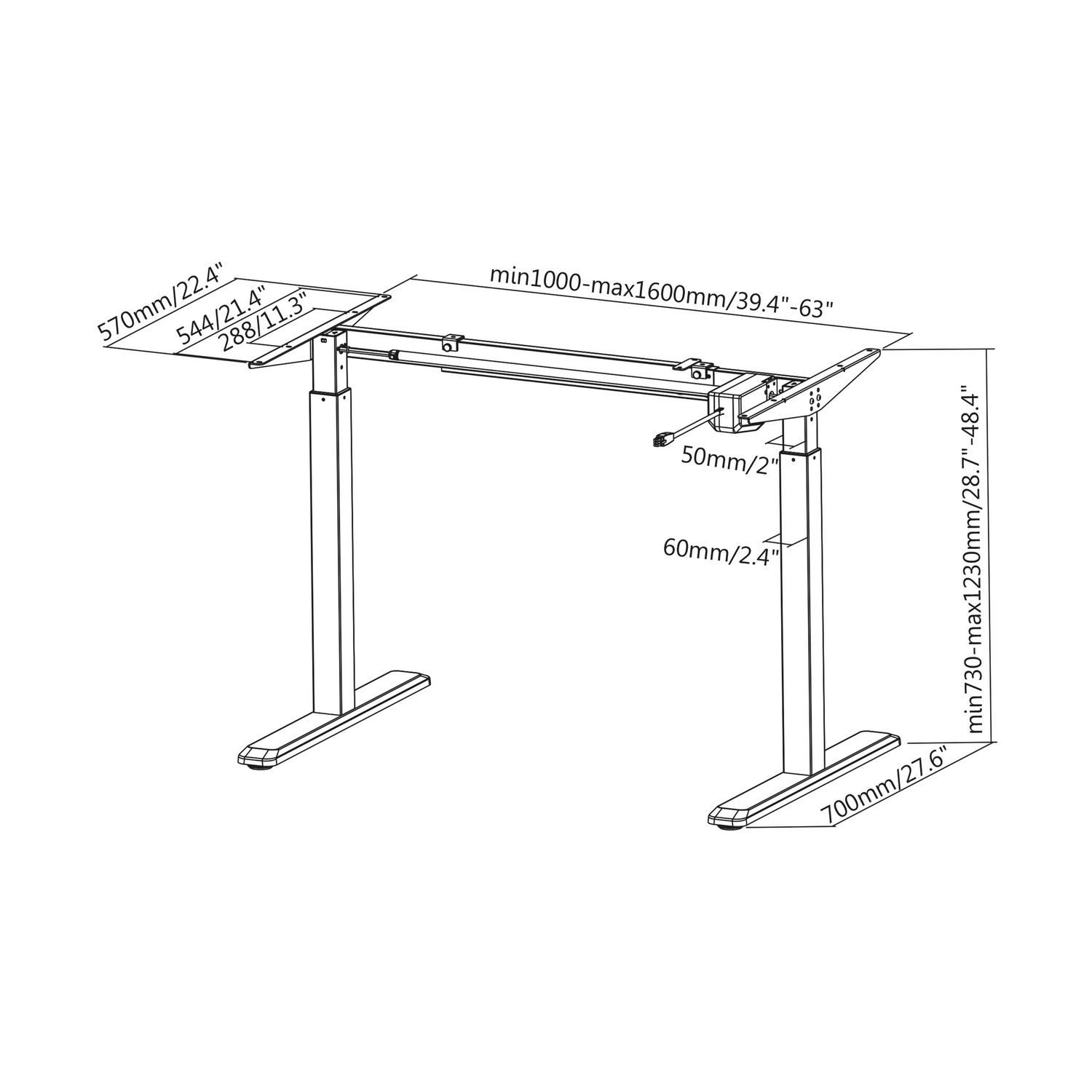 Resim AISENS DF01B-079 Elektrikli Ayaklı Masa İskeleti, 2 Bacaklı, Siyah, 80 kg Taşıma Kapasitesi, 100-160 cm Genişlik