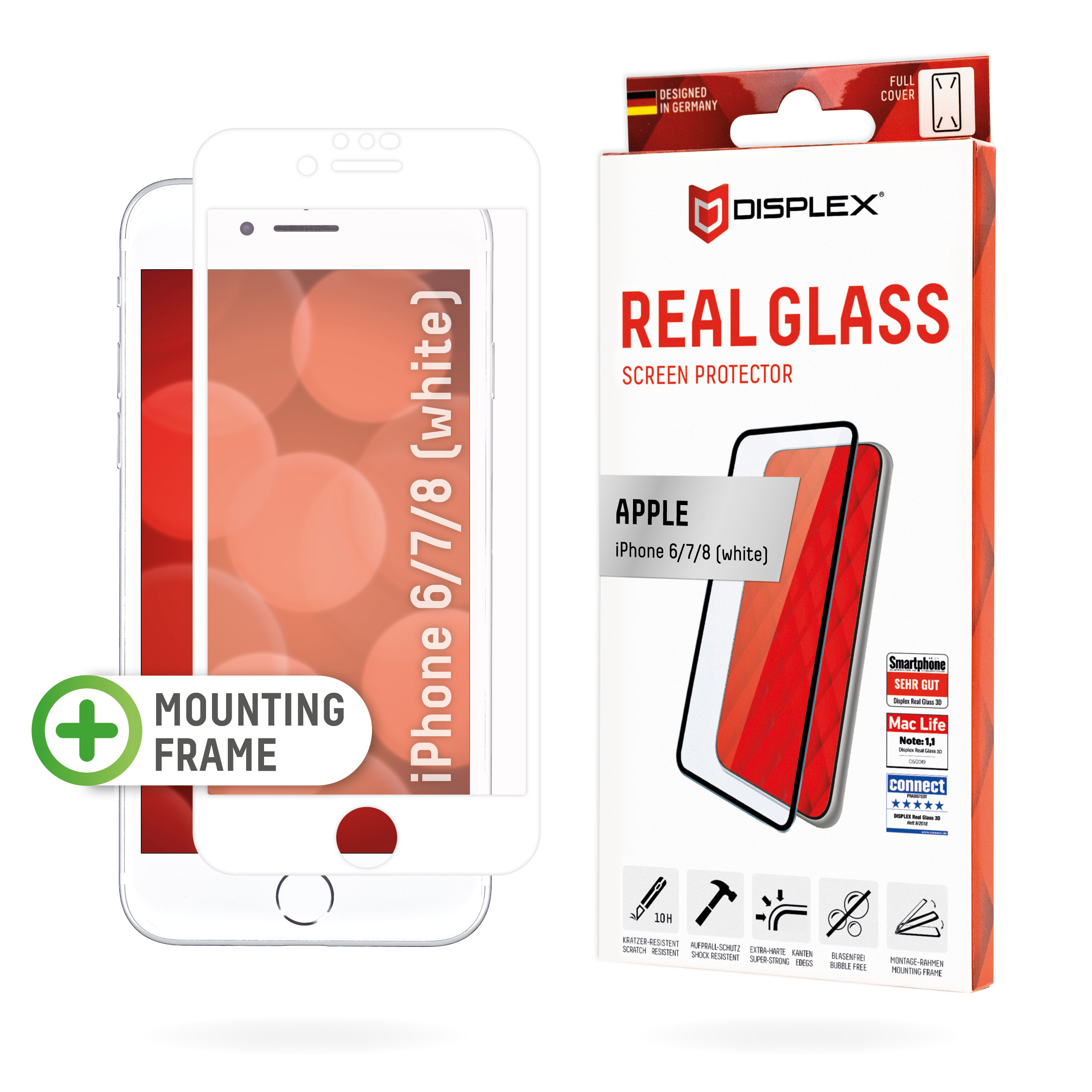 Displex Full Cover Screen Protector (10H) for Apple iPhone 6/7/8 (White), Mounting Frame, full screen coverage, Tempered Glass, scratch resistant protective film, case friendly
