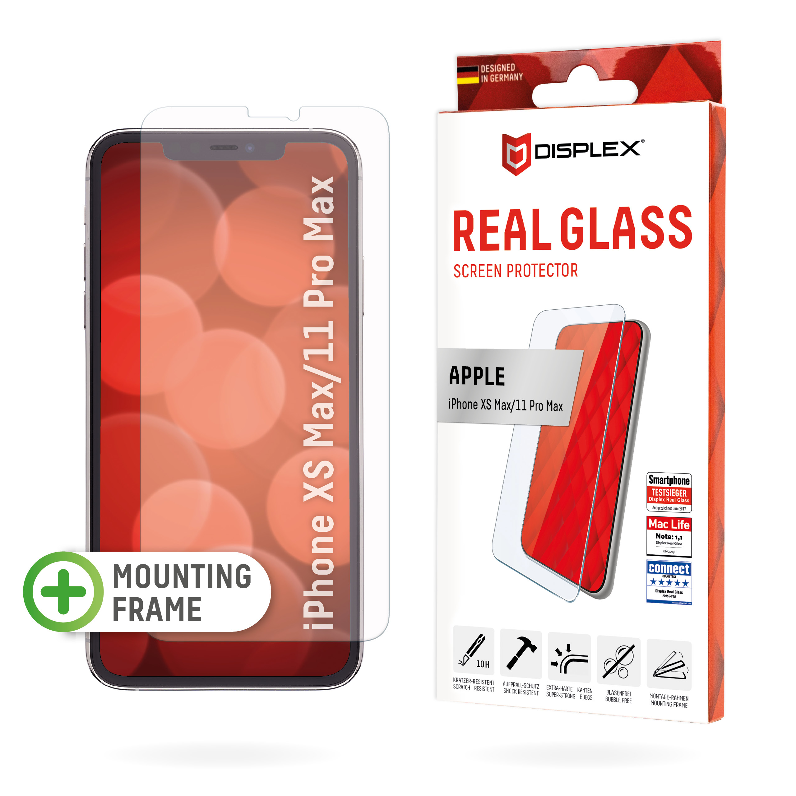 Displex Screen Protector (10H) for Apple iPhone XS Max/11 Pro Max, Mounting Frame, Tempered Glass, scratch resistant protective film, case friendly