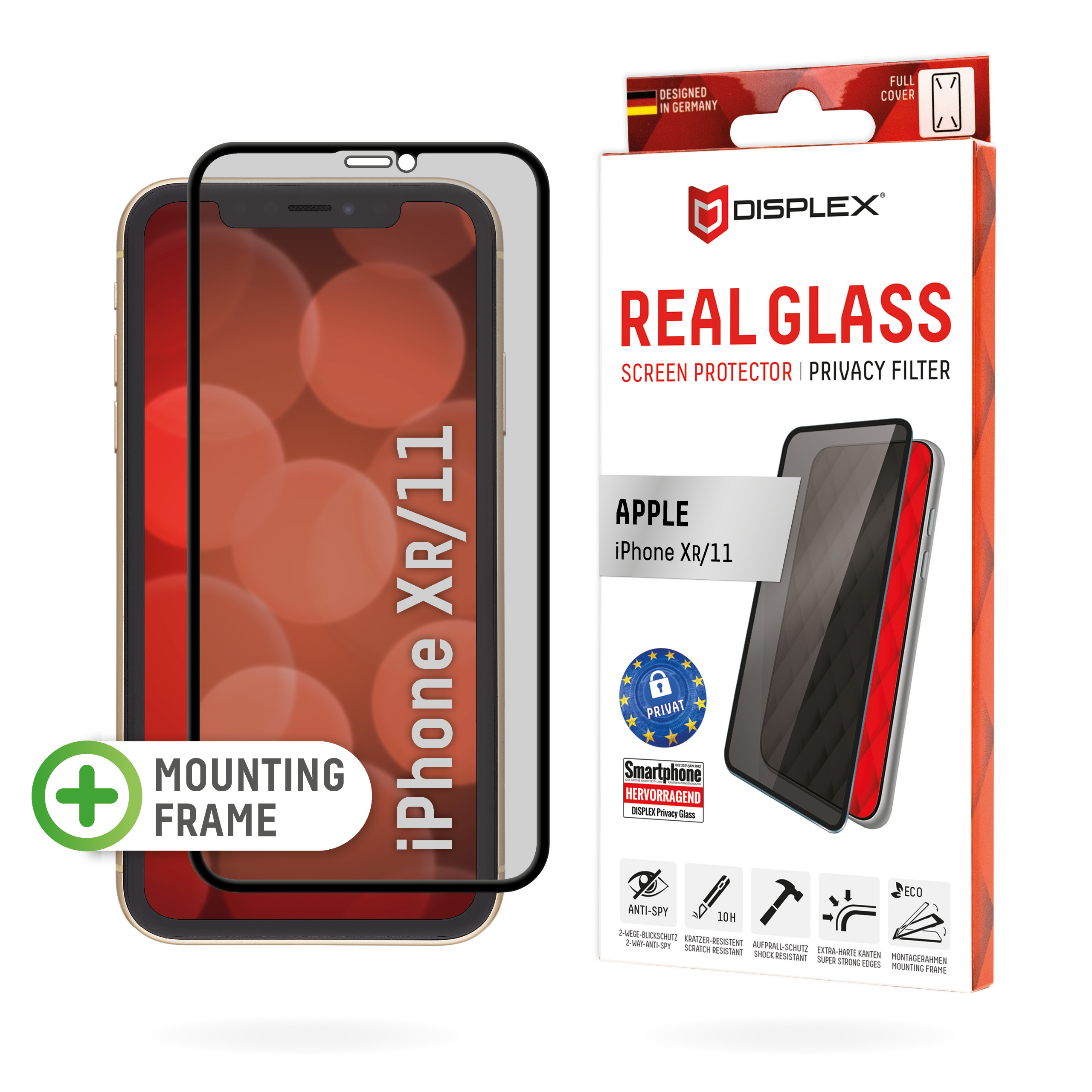 Displex Privacy Full Cover Screen Protector (10H) for Apple iPhone XR/11, Mounting Frame, Privacy Filter, Tempered Glass, scratch resistant protective film, case friendly