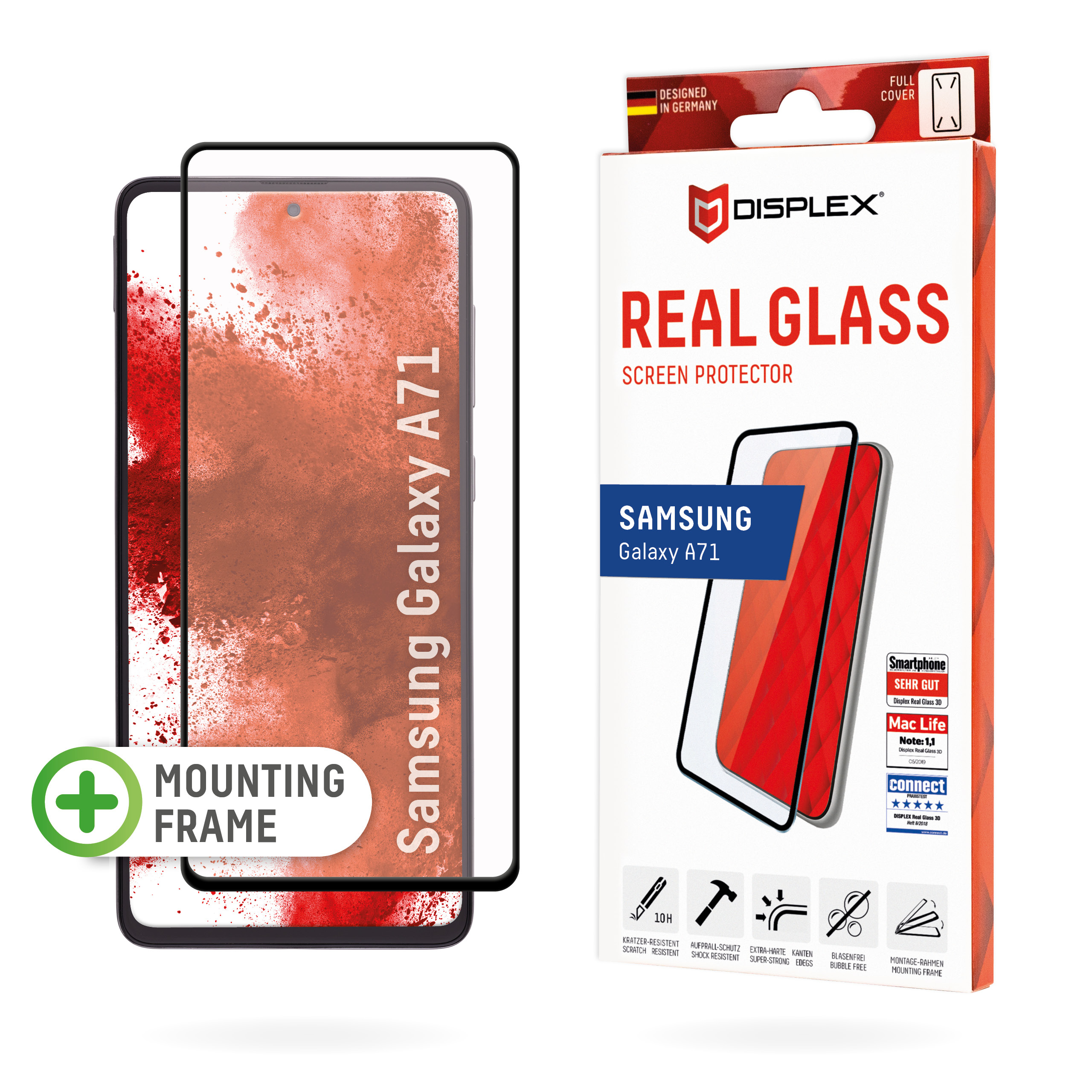 Displex Full Cover Screen Protector (10H) for Samsung Galaxy A71, Mounting Frame, full screen coverage, Tempered Glass, scratch resistant protective film, case friendly