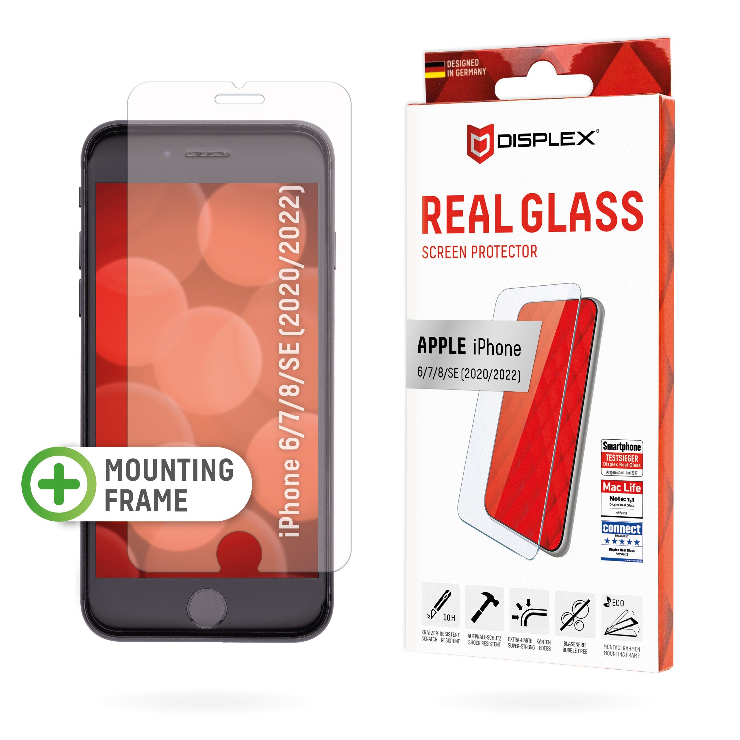 Displex Screen Protector (10H) for Apple iPhone 6/7/8/SE (2020/2022), Eco Mounting Frame, Tempered Glass, scratch resistant protective film, case friendly