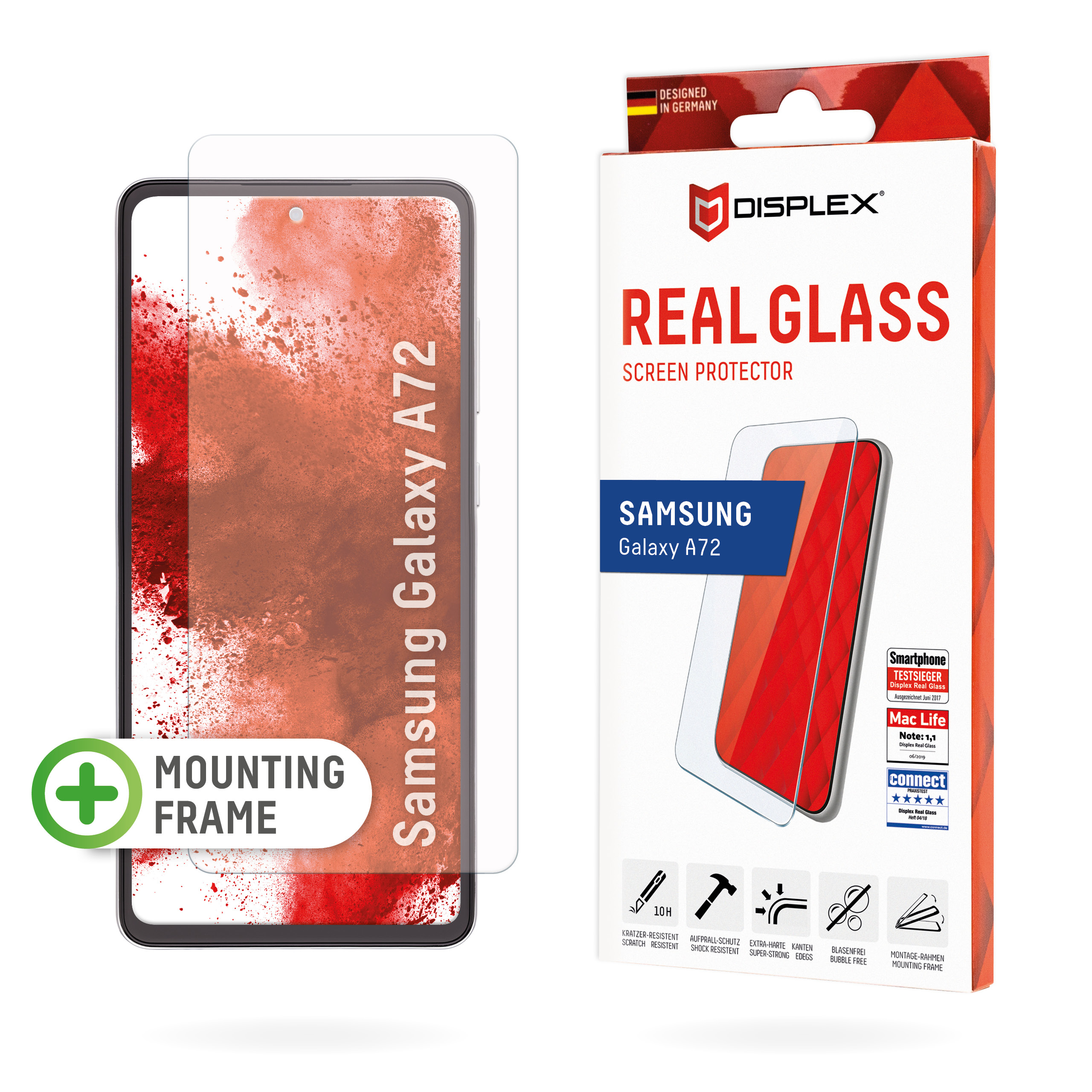 Displex Screen Protector (10H) for Samsung Galaxy A72, Eco Mounting Frame, Tempered Glass, scratch resistant protective film, case friendly