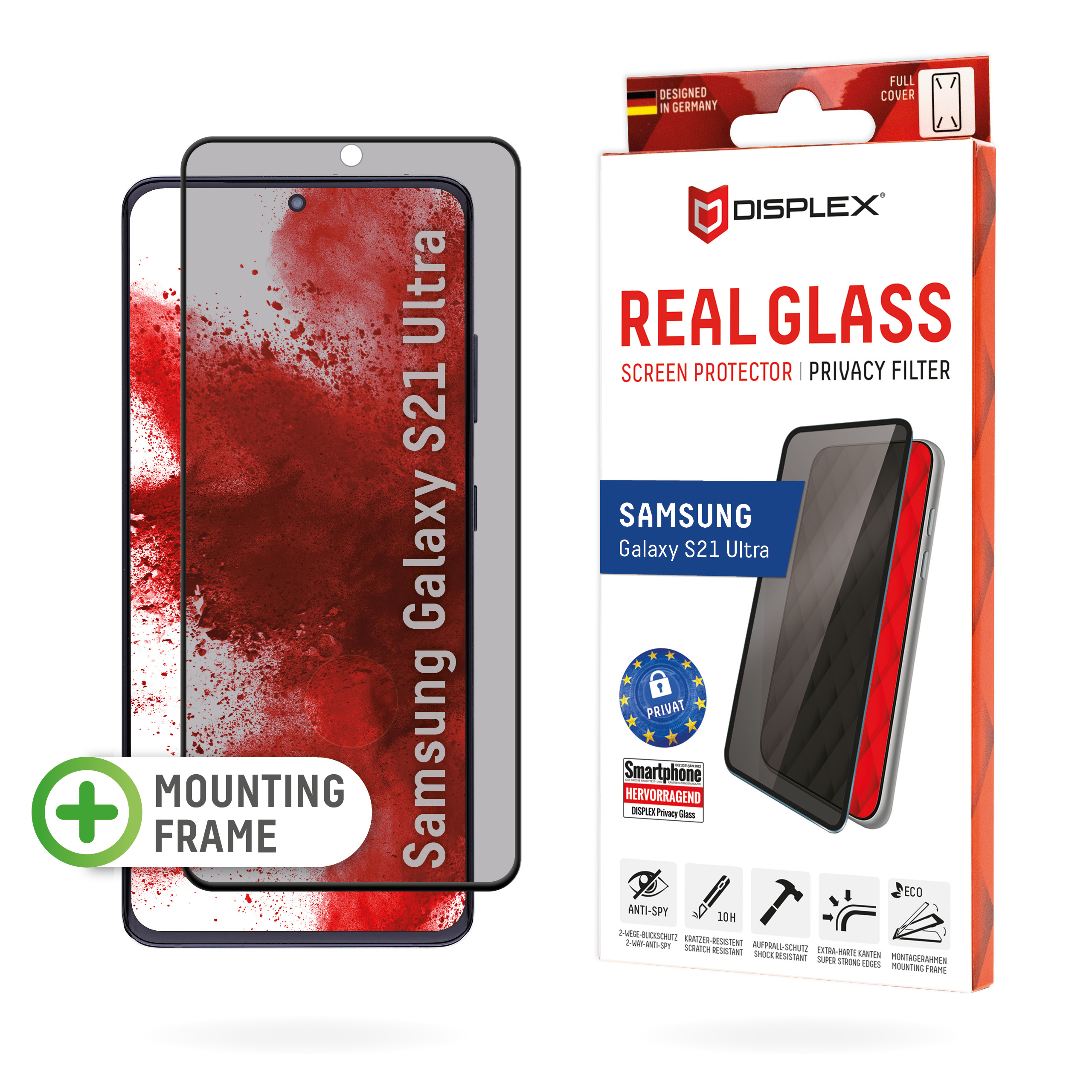 Displex Privacy Full Cover Screen Protector (10H) for Samsung Galaxy S21 Ultra, Mounting Frame, Privacy Filter, Tempered Glass, scratch resistant protective film, case friendly