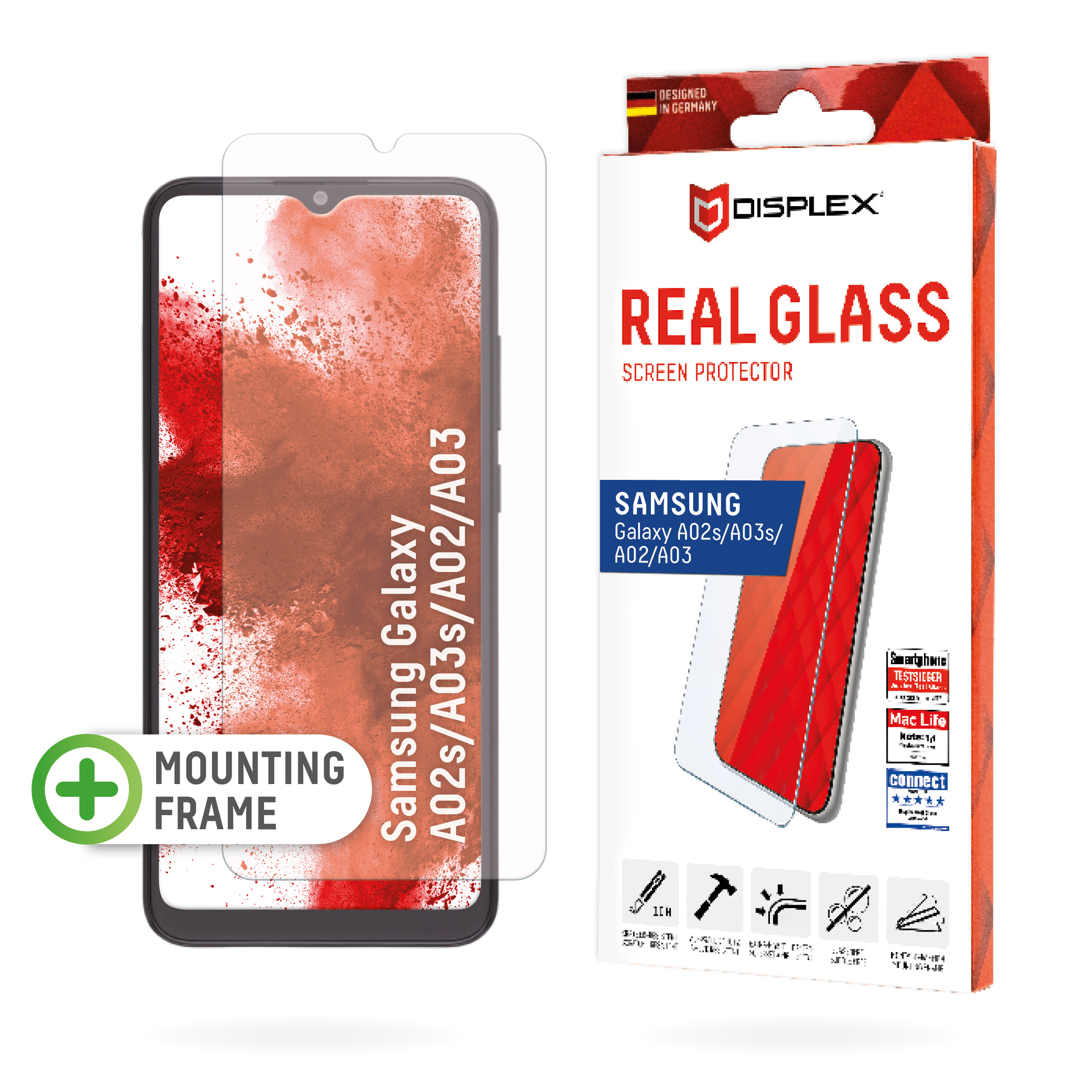 Displex Screen Protector (10H) for Samsung Galaxy A02/A02s A03/A03s, Eco Mounting Frame, Tempered Glass, scratch resistant protective film, case friendly