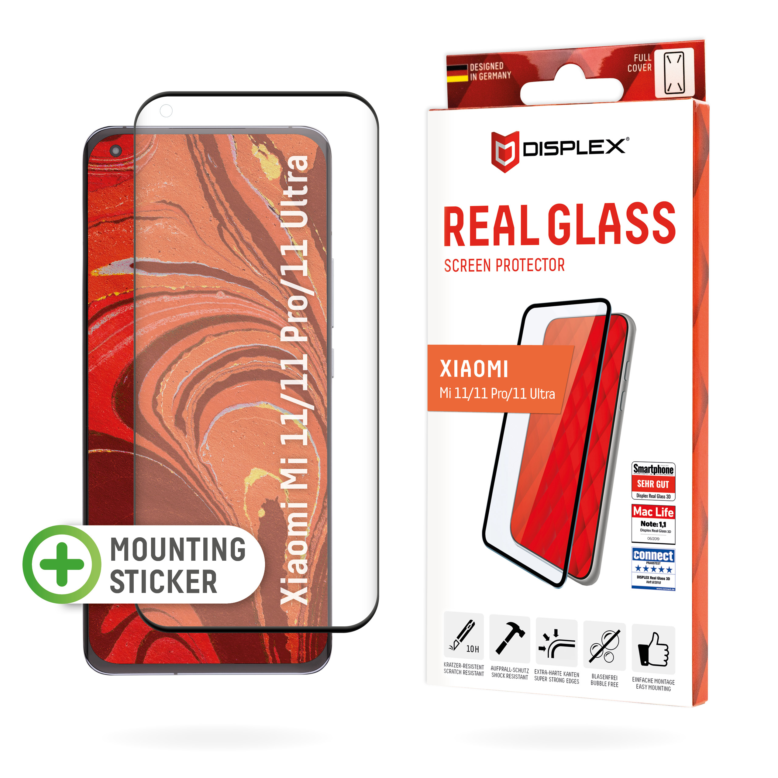 Displex Full Cover Screen Protector (10H) for Xiaomi Mi 11/11 Pro/11 Ultra, Mounting Frame, full screen coverage, Tempered Glass, scratch resistant protective film, case friendly