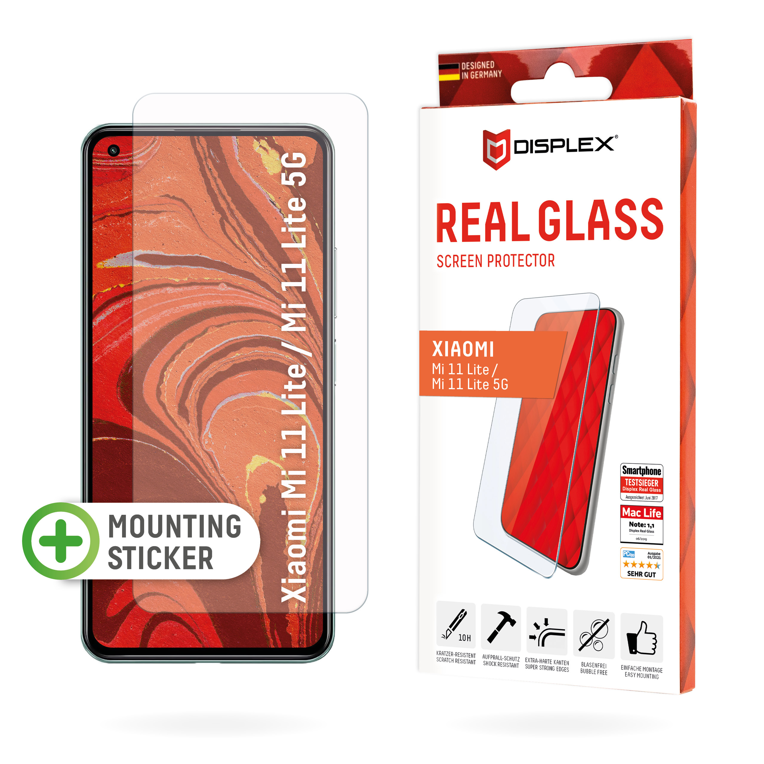 Displex Screen Protector (10H) for Xiaomi 11 Lite 5G/Mi 11 Lite 5G, Mounting Sticker, Tempered Glass, scratch resistant protective film, case friendly