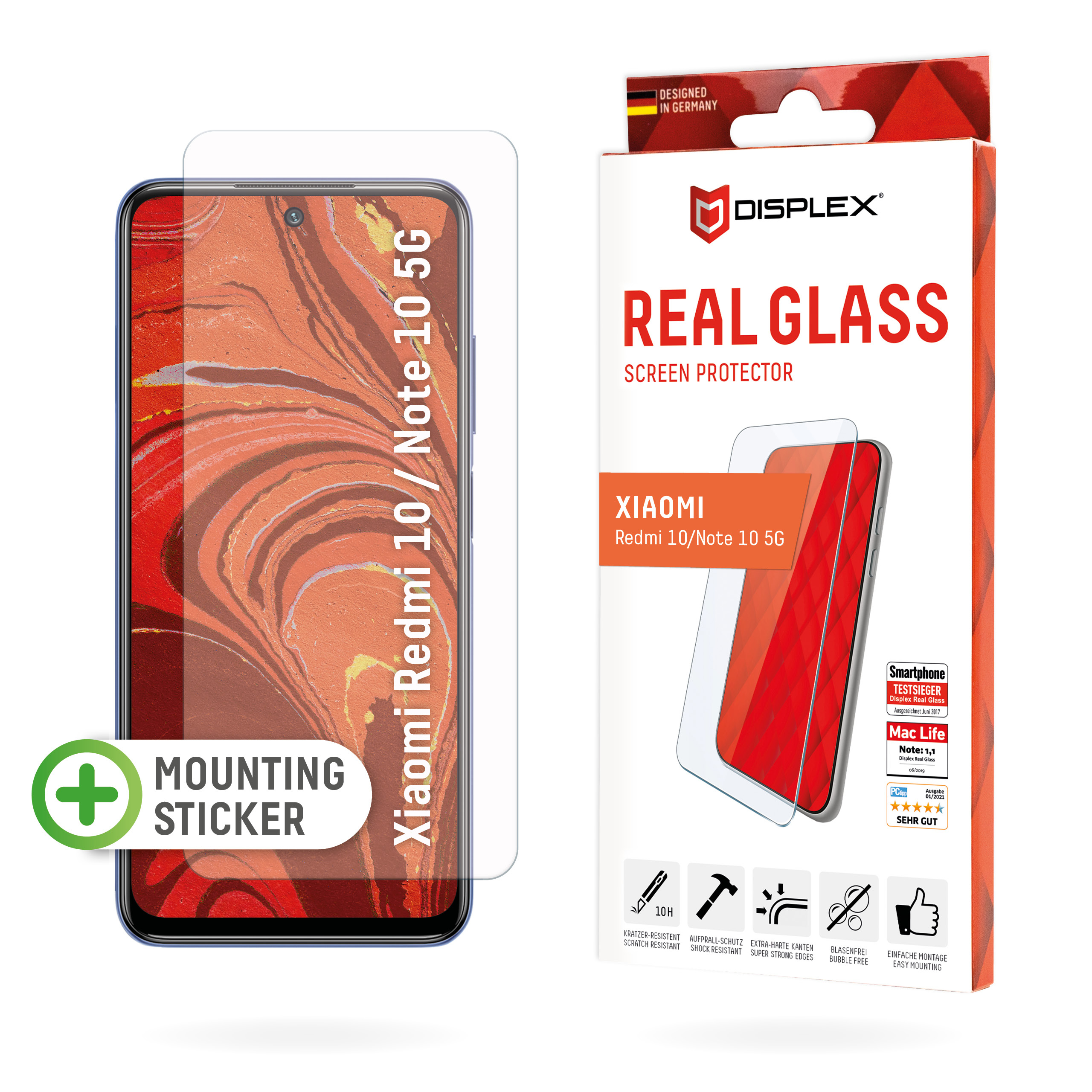Displex Screen Protector (10H) for Xiaomi Redmi 10 (2022)/Note 10 5G, Eco Mounting Frame, Tempered Glass, scratch resistant protective film, case friendly