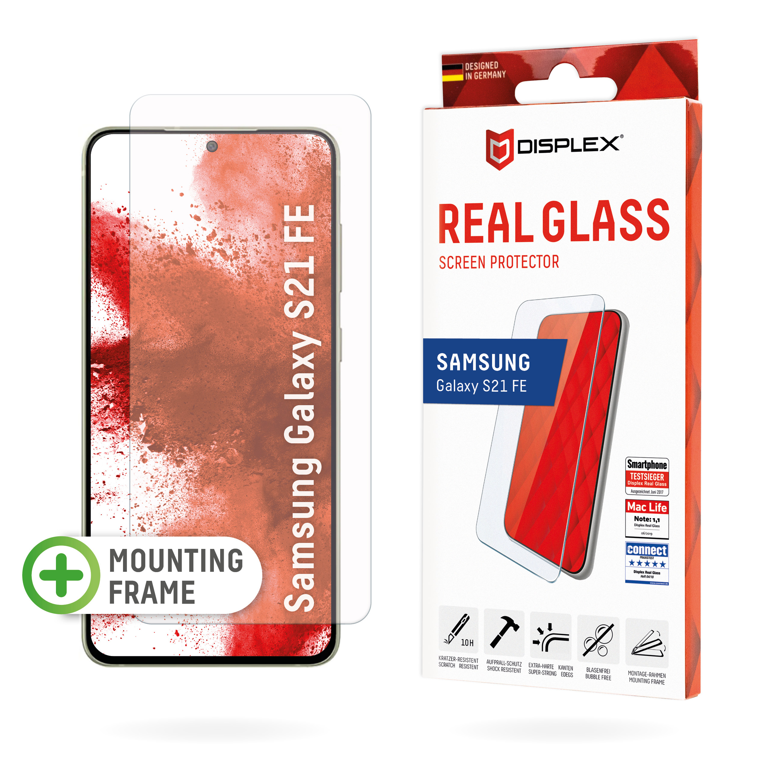 Displex Screen Protector (10H) for Samsung Galaxy S21 FE, Eco Mounting Frame, Tempered Glass, scratch resistant protective film, case friendly