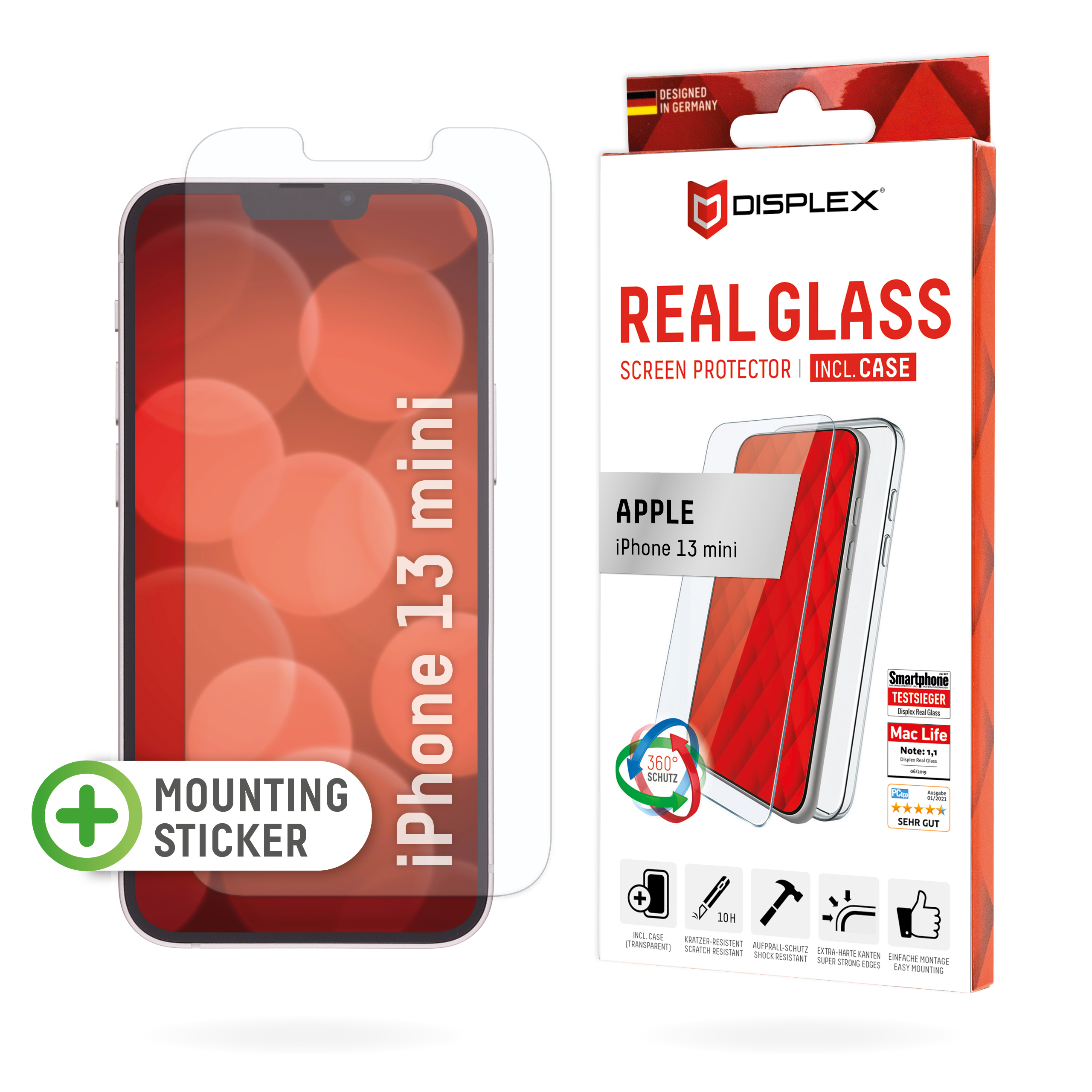 Displex Screen Protector (10H) + Case for Apple iPhone 13 mini, Mounting Sticker, + Case, Tempered Glass, scratch resistant protective film
