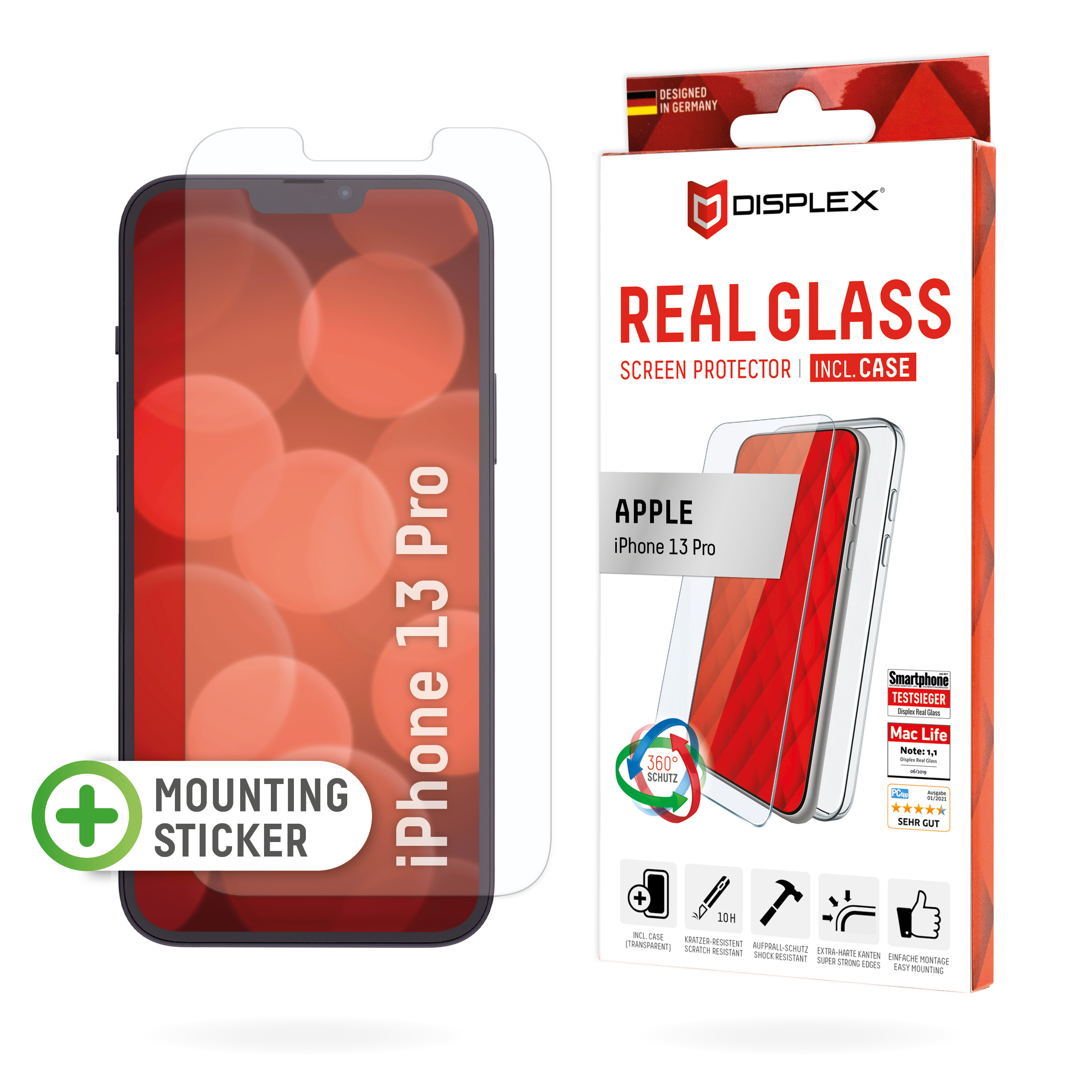 Displex Screen Protector (10H) + Case for Apple iPhone 13 Pro, Mounting Sticker, + Case, Tempered Glass, scratch resistant protective film