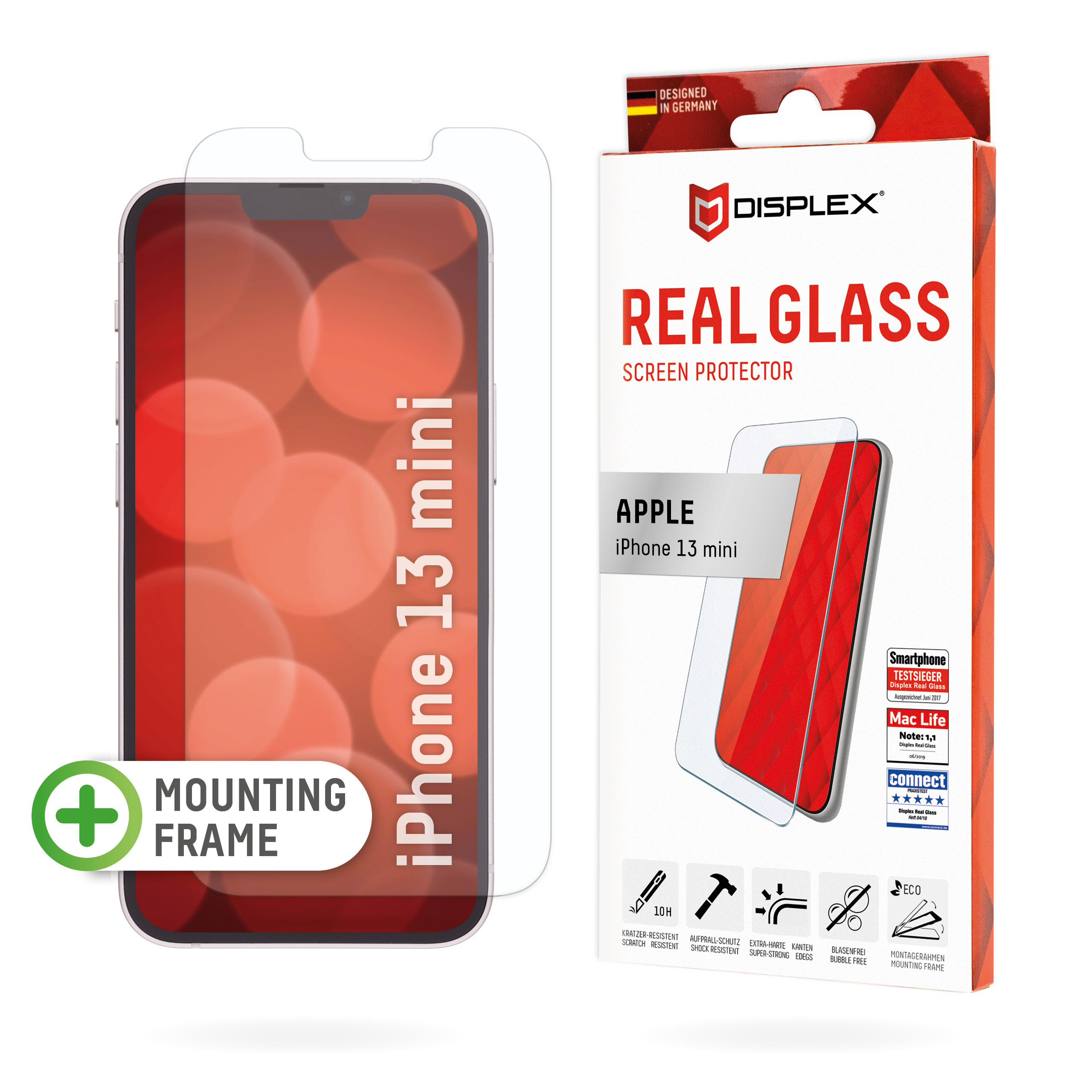 Displex Screen Protector (10H) for Apple iPhone 13 mini, Eco Mounting Frame, Tempered Glass, scratch resistant protective film, case friendly