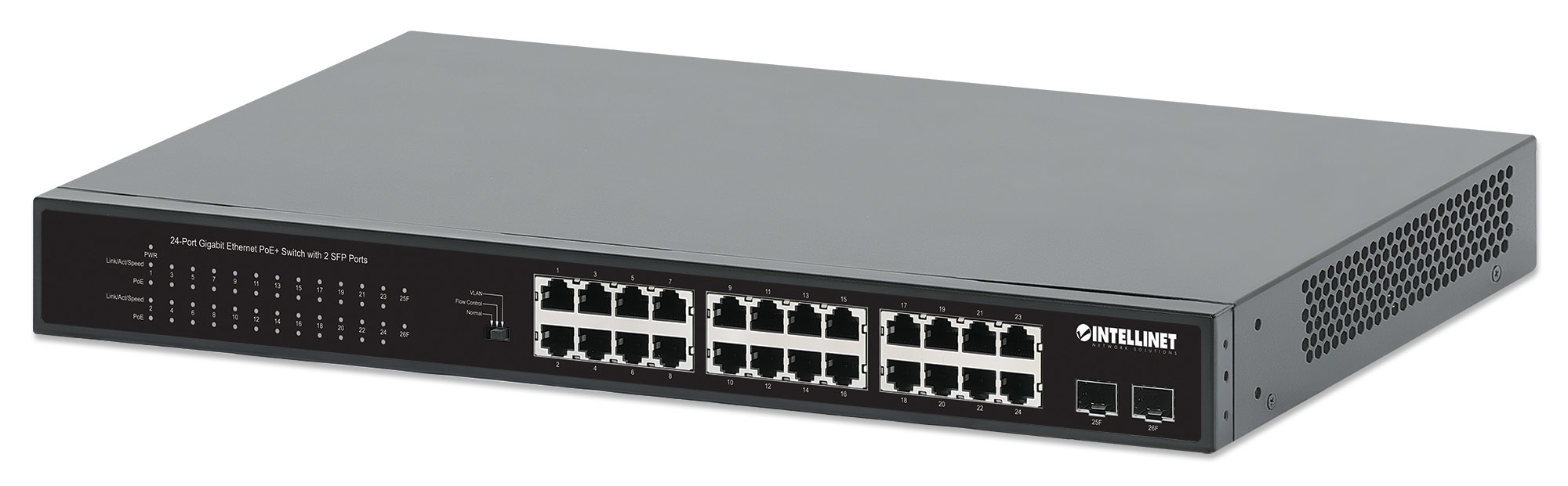 Intellinet 24-Port Gigabit Ethernet PoE+ Switch with 2 SFP Ports IEEE 802.3at/af (PoE+/PoE) Compliant, PoE Power Budget of – image 1