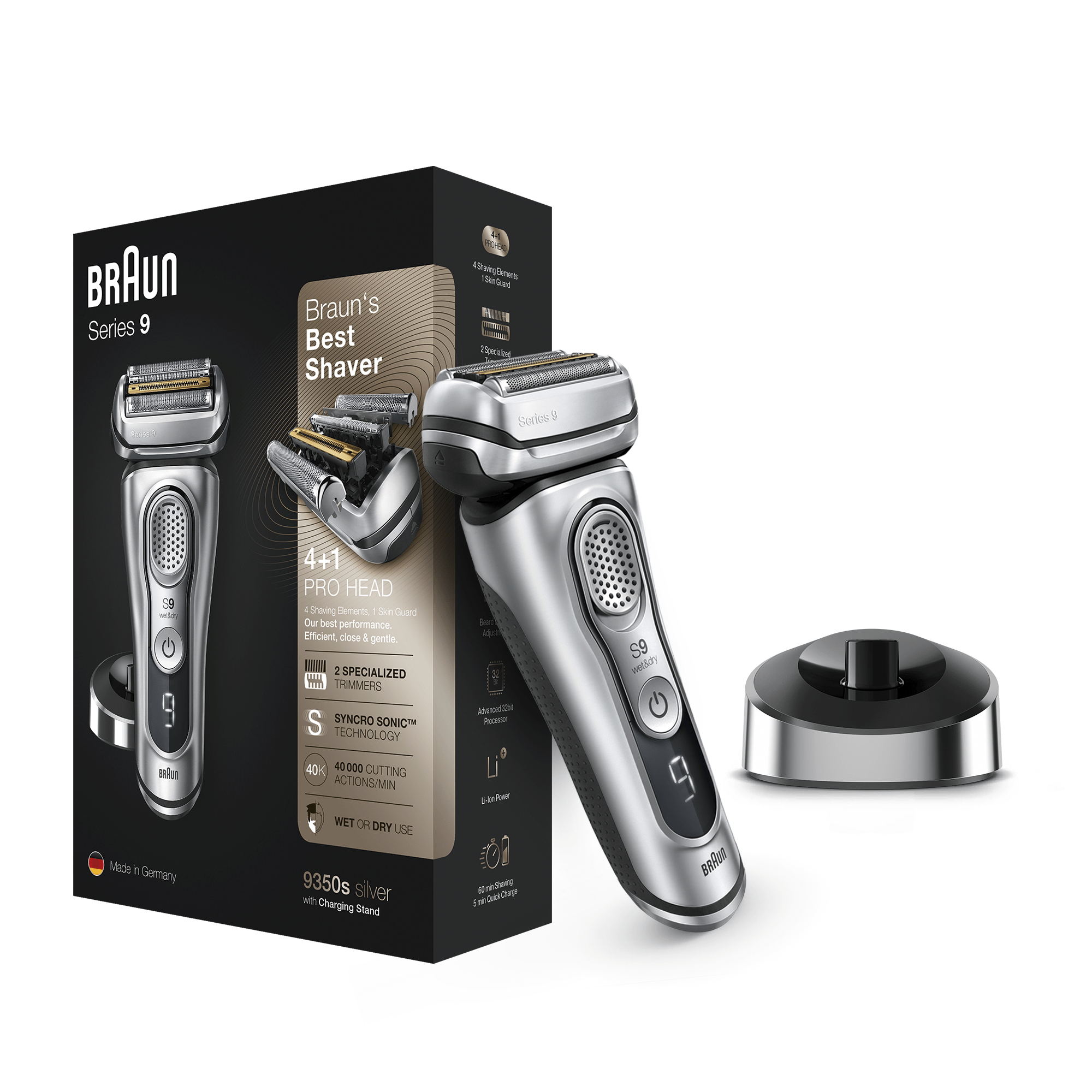 Braun Series 9 9350s Latest Generation Electric Shaver, Charging Stand, Fabric Case, Silver – image 4