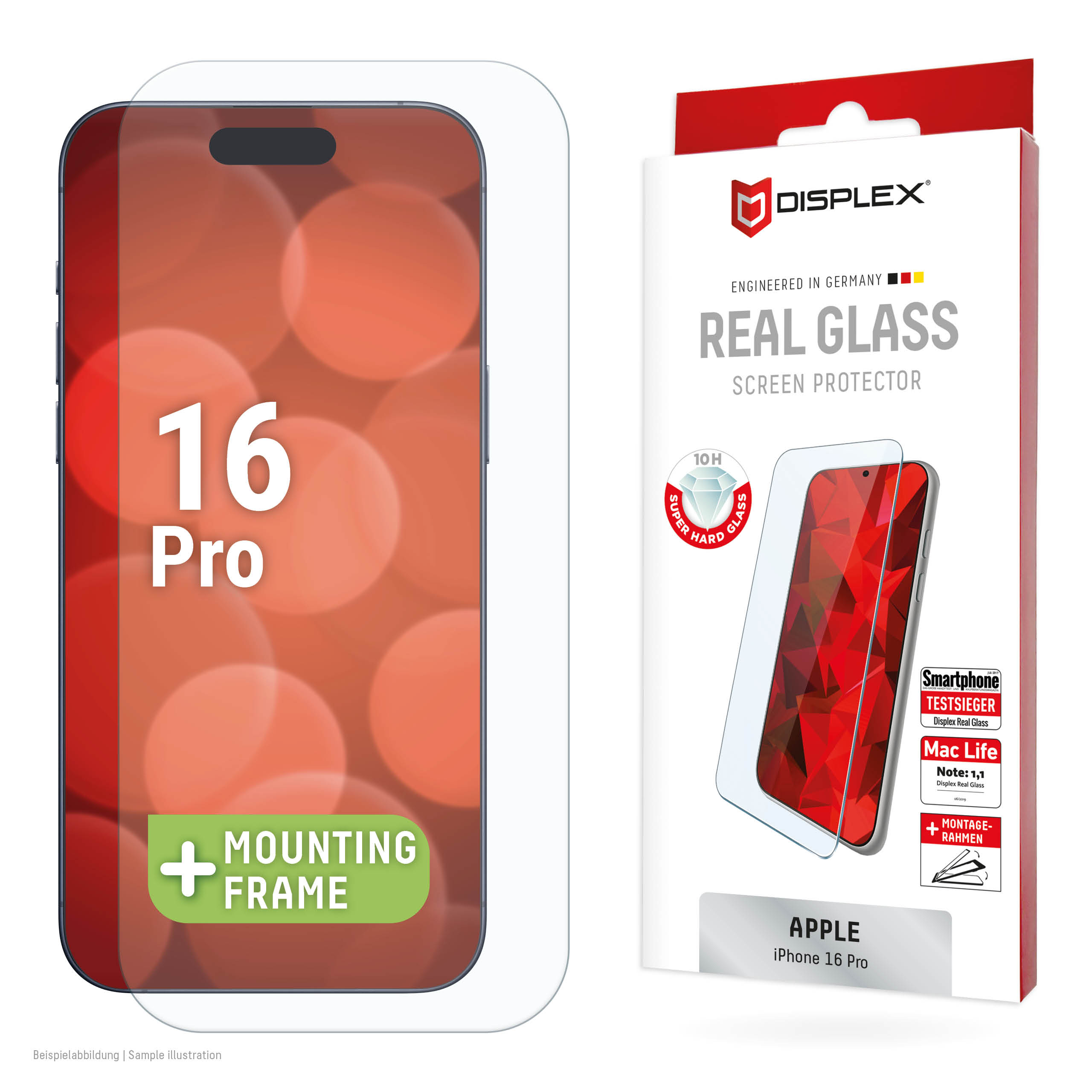 Displex Screen Protector (10H) for Apple iPhone 16 Pro, Eco Mounting Frame, scratch resistant